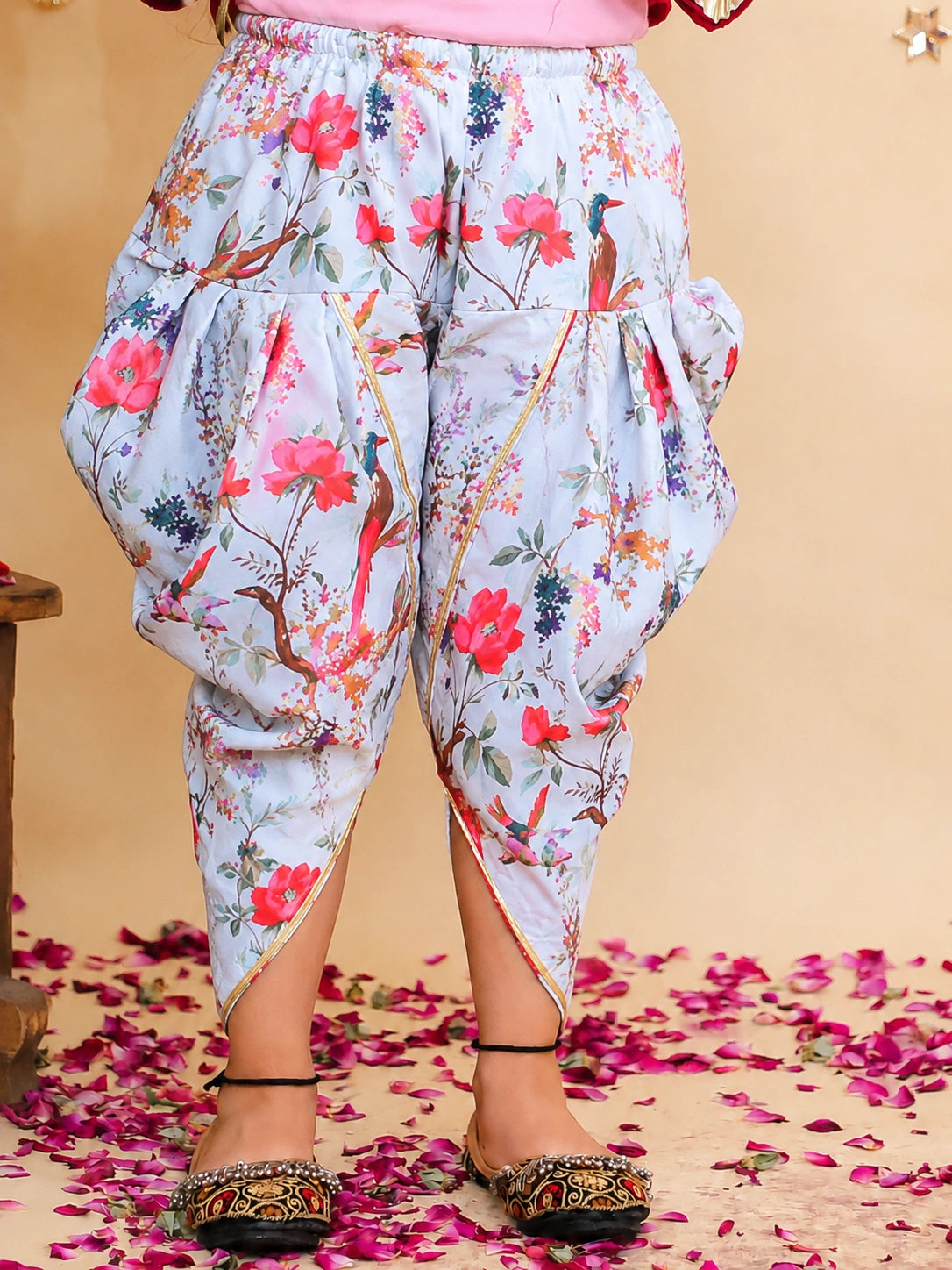 BownBee Pure Cotton Printed kurti With Tulip Dhoti & Dupatta Set For Girls