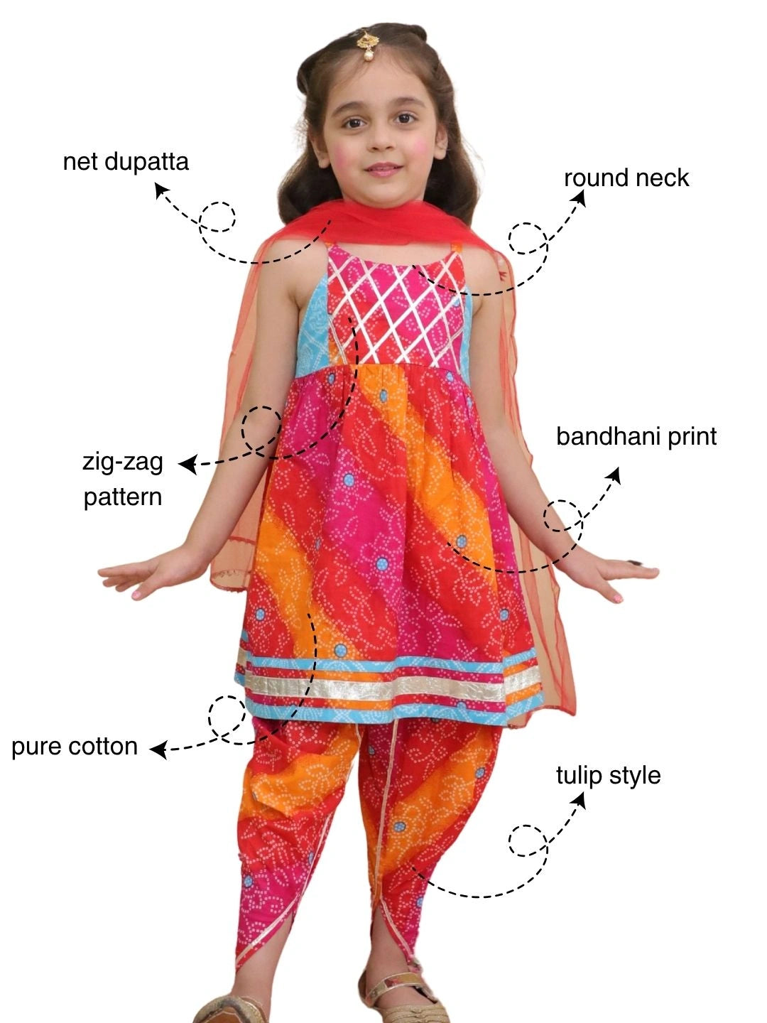 BownBee Pure Cotton Printed kurti With Tulip Dhoti & Dupatta Set For Girls
