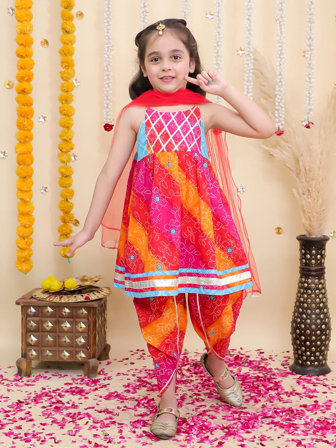 BownBee Pure Cotton Dhoti Kurta With Attached Jacket & Ethnic Suit With Dupatta Sibling Set