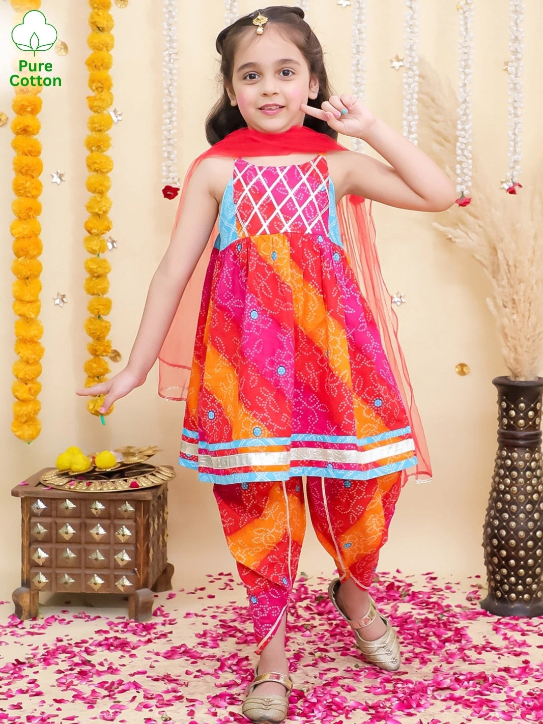 BownBee Pure Cotton Printed kurti With Tulip Dhoti & Dupatta Set For Girls