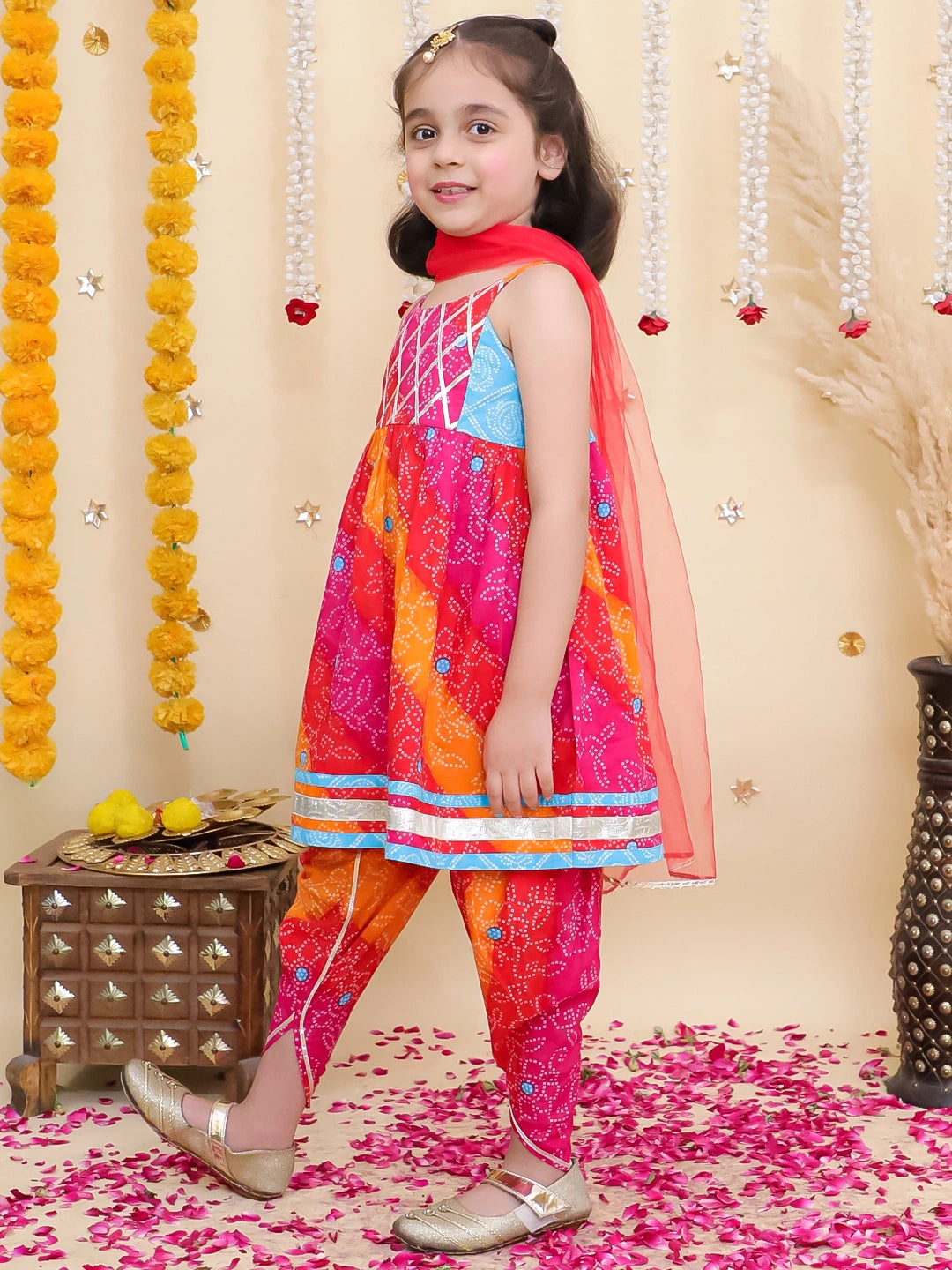 BownBee Pure Cotton Printed kurti With Tulip Dhoti & Dupatta Set For Girls