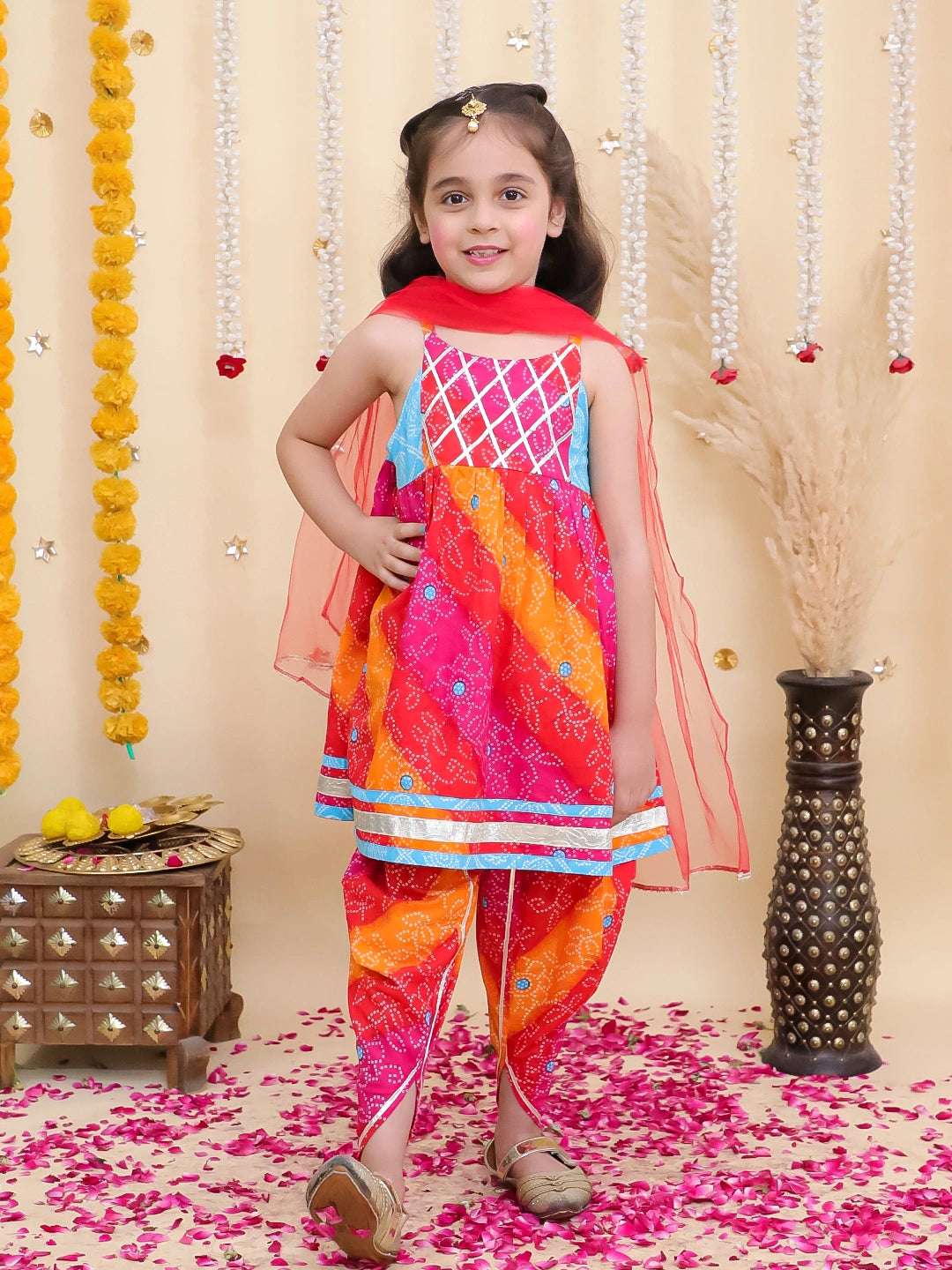 BownBee Pure Cotton Printed kurti With Tulip Dhoti & Dupatta Set For Girls