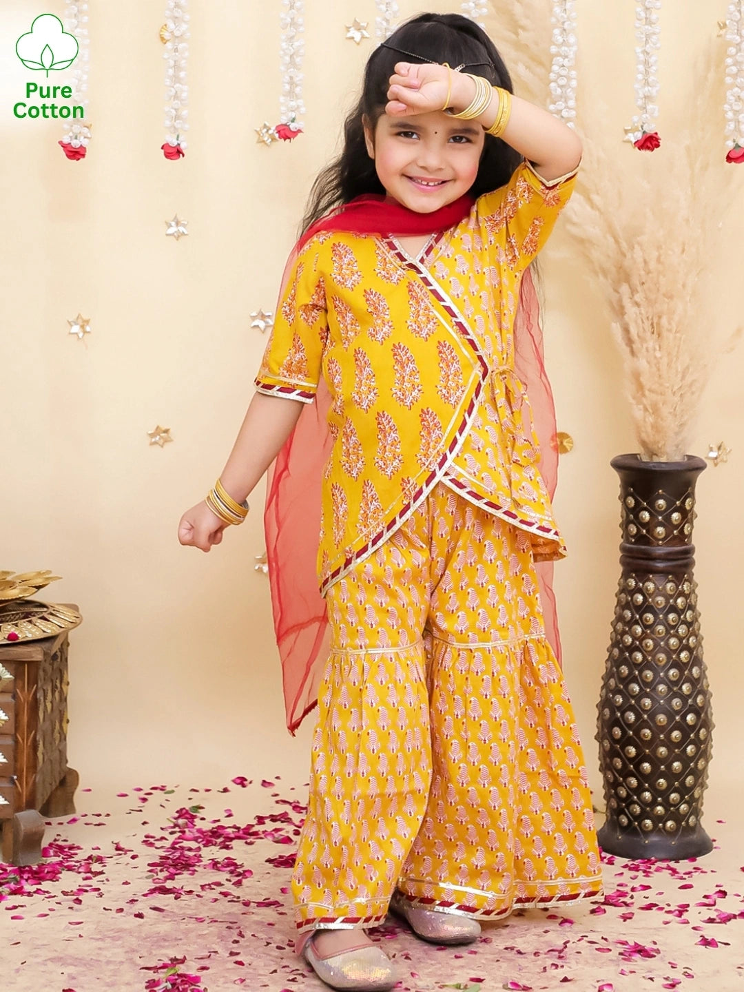 BownBee Pure Cotton Printed Angrakha kurti  With Sharara & Dupatta Set For Girls