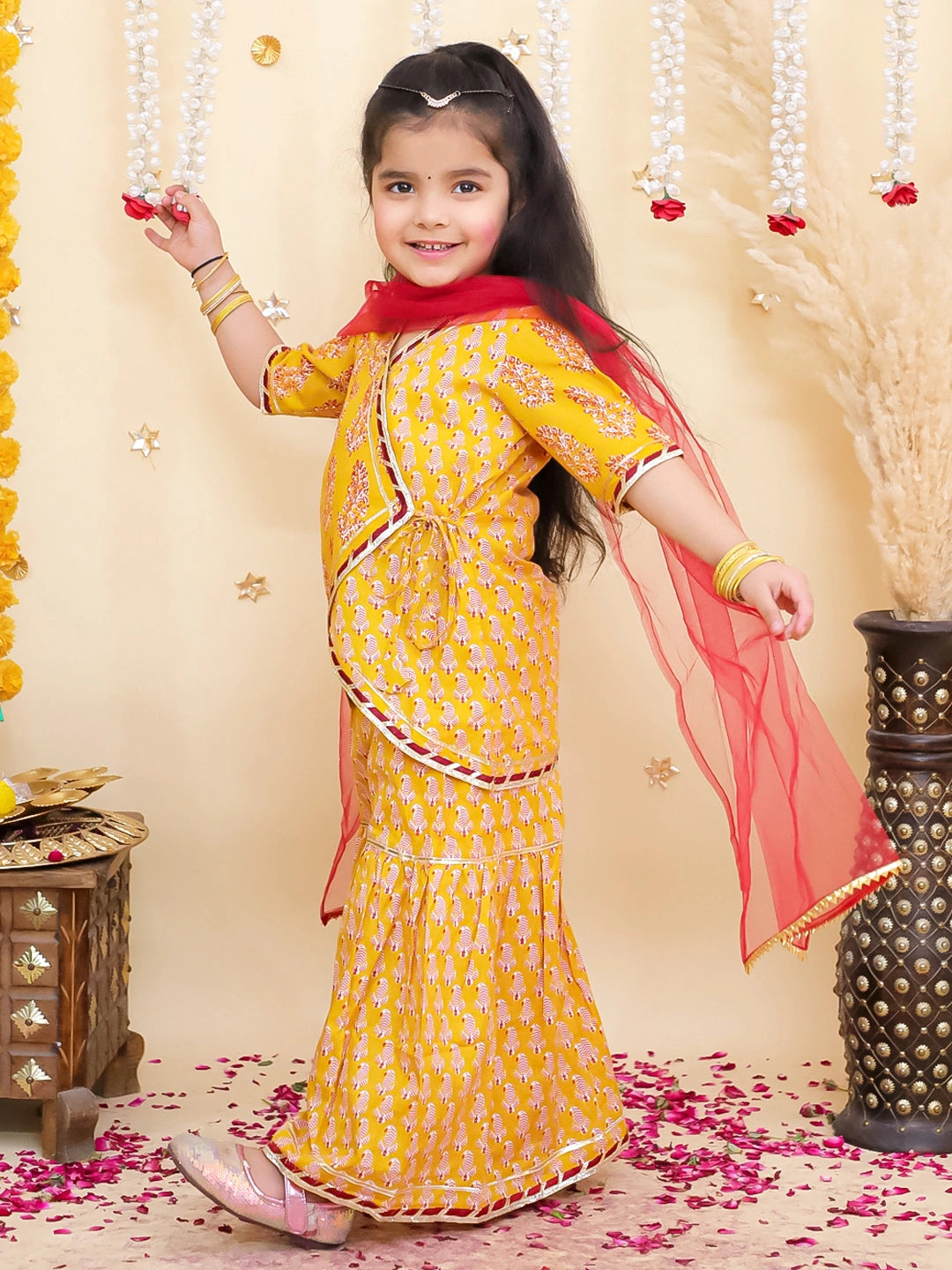 BownBee Pure Cotton Printed Angrakha kurti  With Sharara & Dupatta Set For Girls
