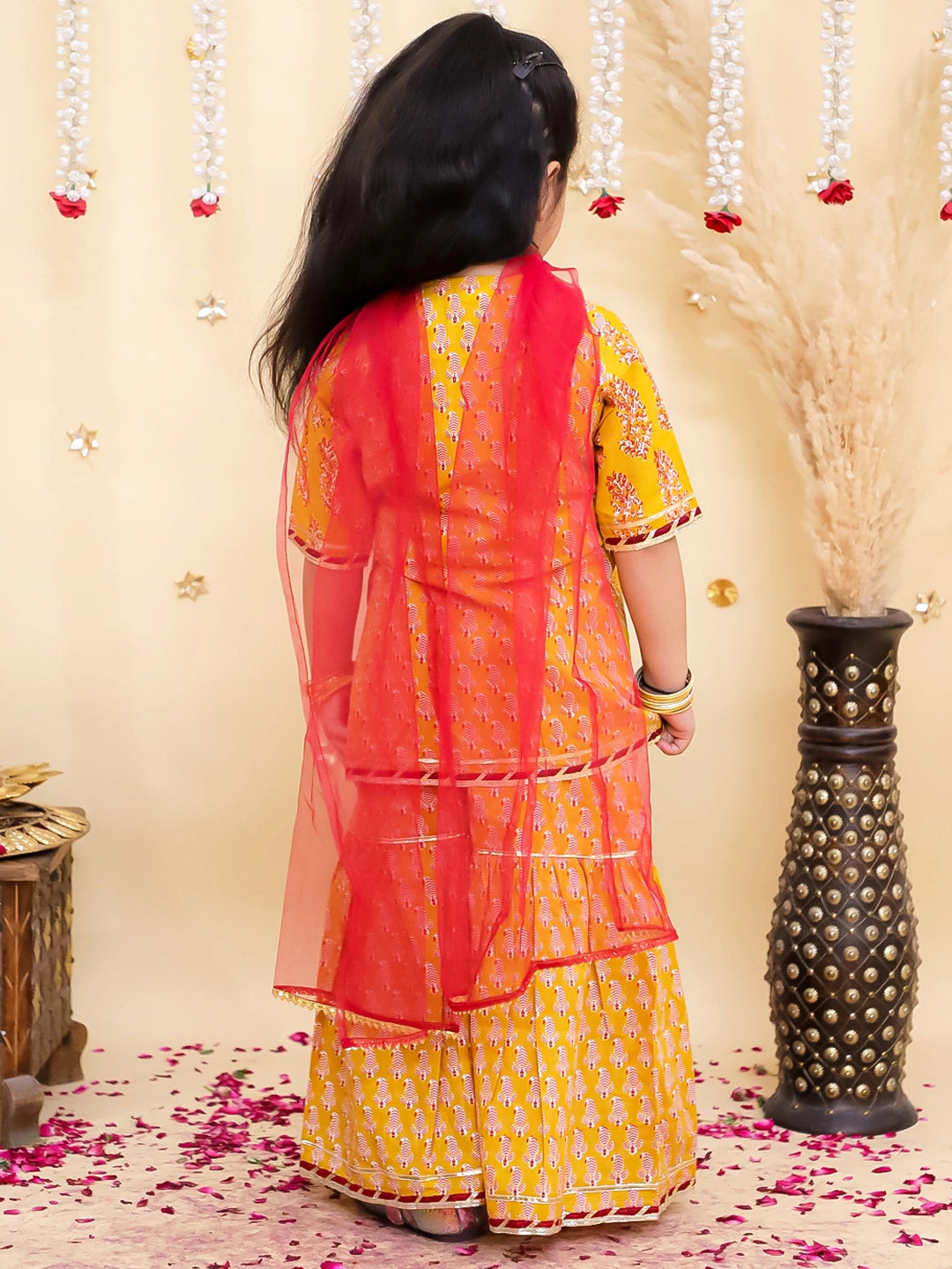 BownBee Pure Cotton Printed Angrakha kurti  With Sharara & Dupatta Set For Girls
