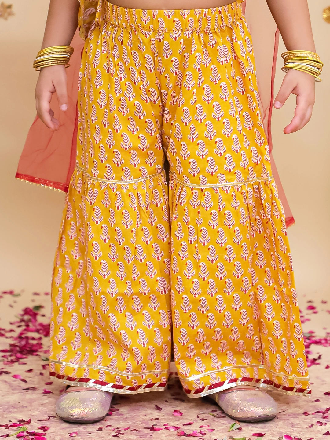 BownBee Pure Cotton Printed Angrakha kurti  With Sharara & Dupatta Set For Girls