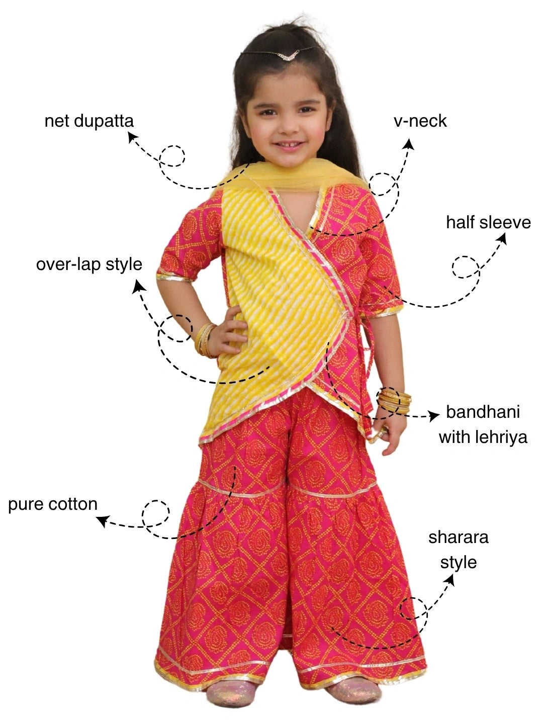 BownBee Pure Cotton Printed Angrakha kurti  With Sharara & Dupatta Set For Girls