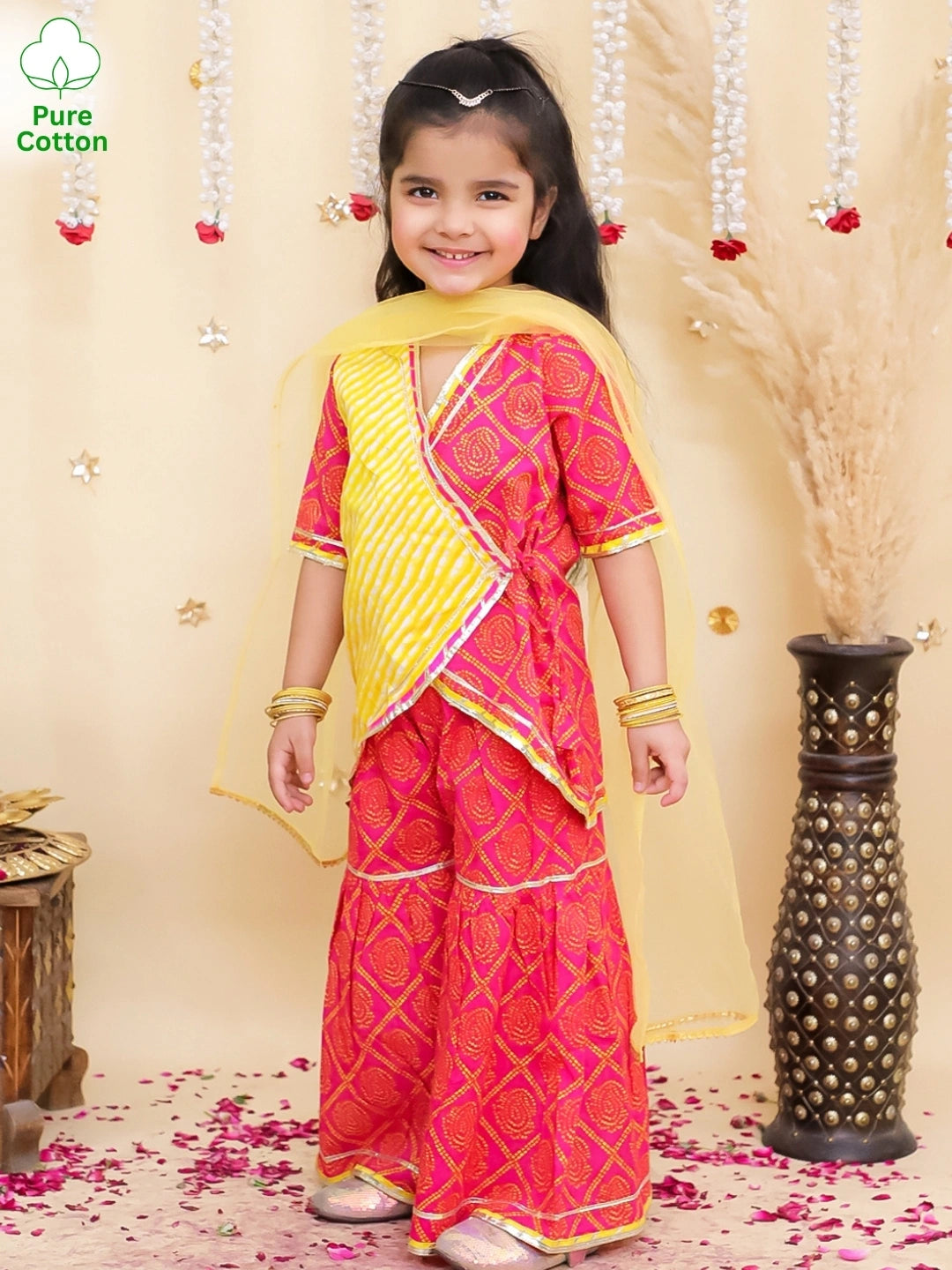 BownBee Pure Cotton Printed Angrakha kurti  With Sharara & Dupatta Set For Girls