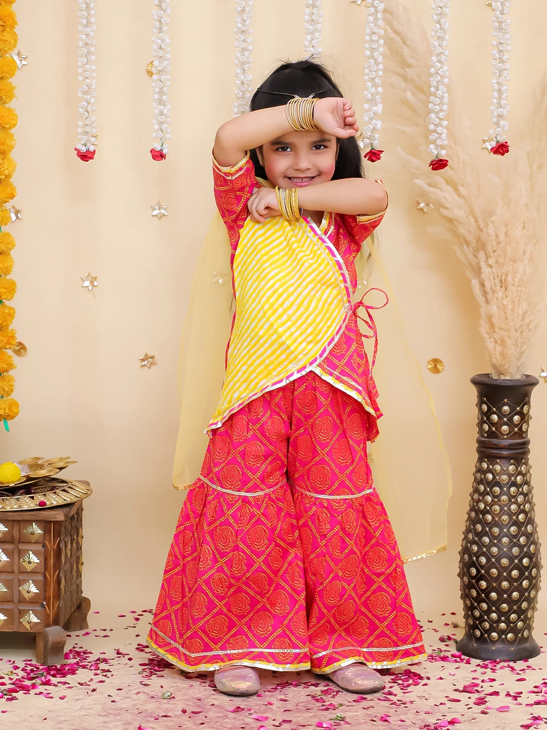 BownBee Pure Cotton Printed Angrakha kurti  With Sharara & Dupatta Set For Girls