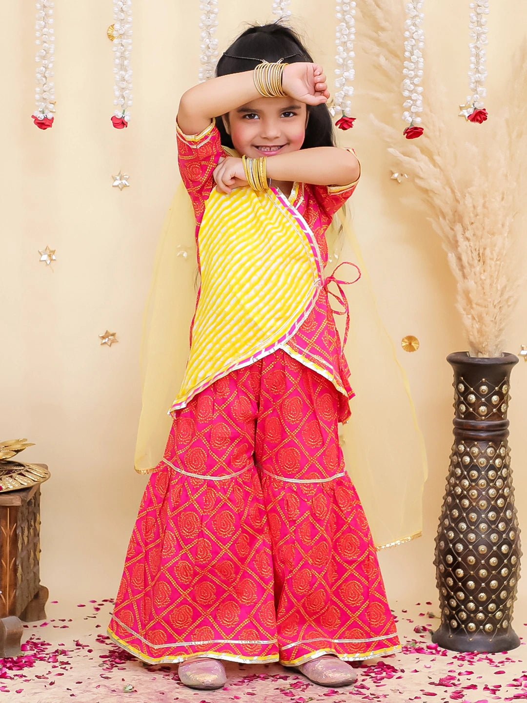 BownBee Pure Cotton Printed Angrakha kurti  With Sharara & Dupatta Set For Girls