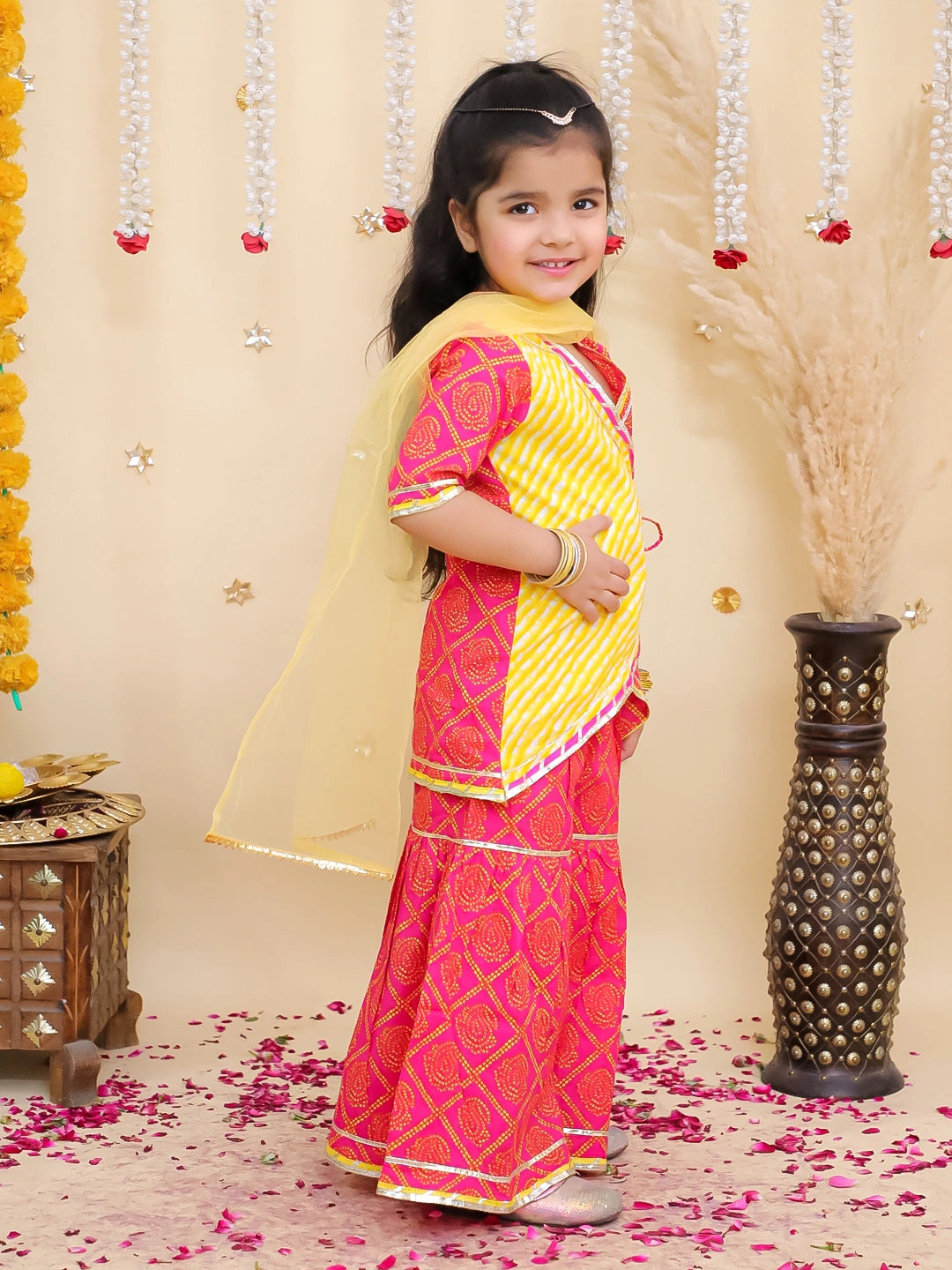 BownBee Pure Cotton Printed Angrakha kurti  With Sharara & Dupatta Set For Girls