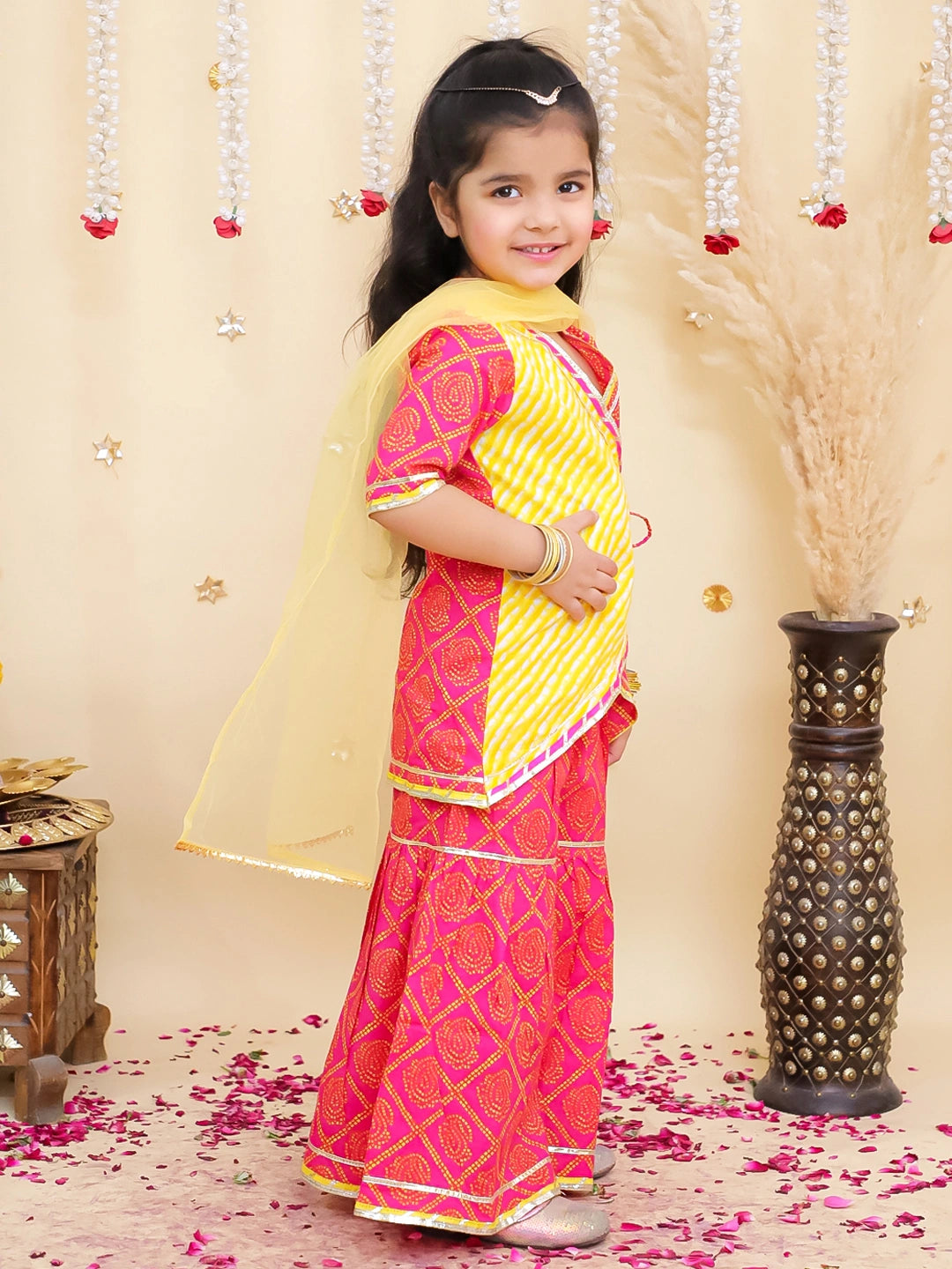 BownBee Pure Cotton Printed Angrakha kurti  With Sharara & Dupatta Set For Girls