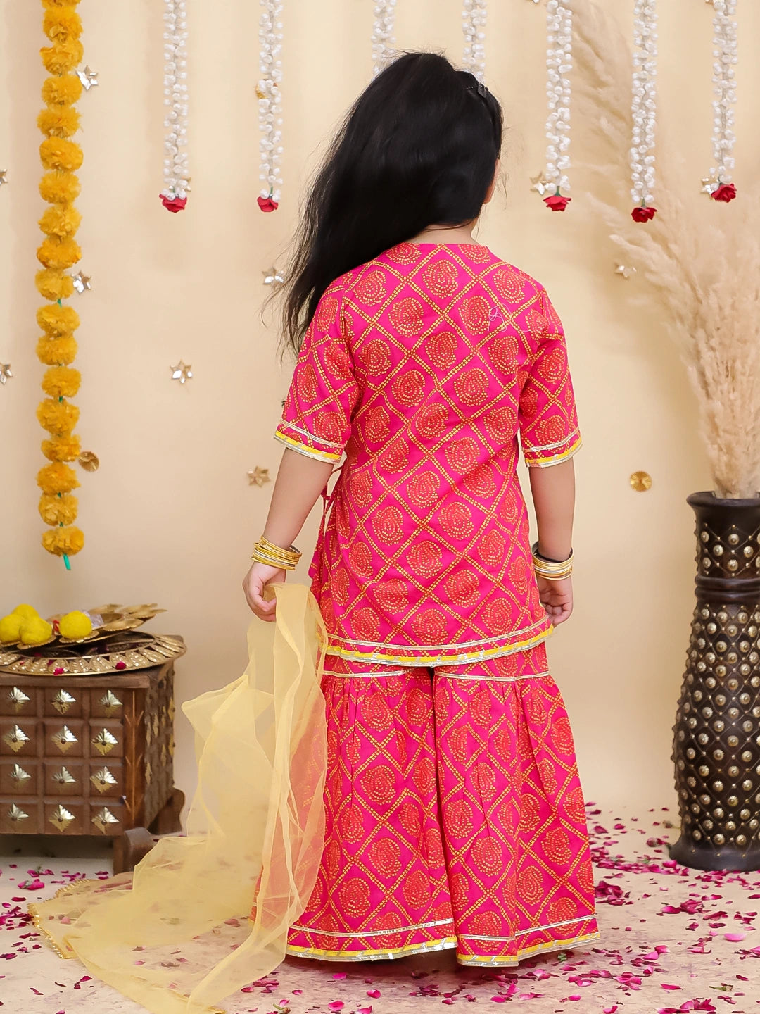 BownBee Pure Cotton Printed Angrakha kurti  With Sharara & Dupatta Set For Girls