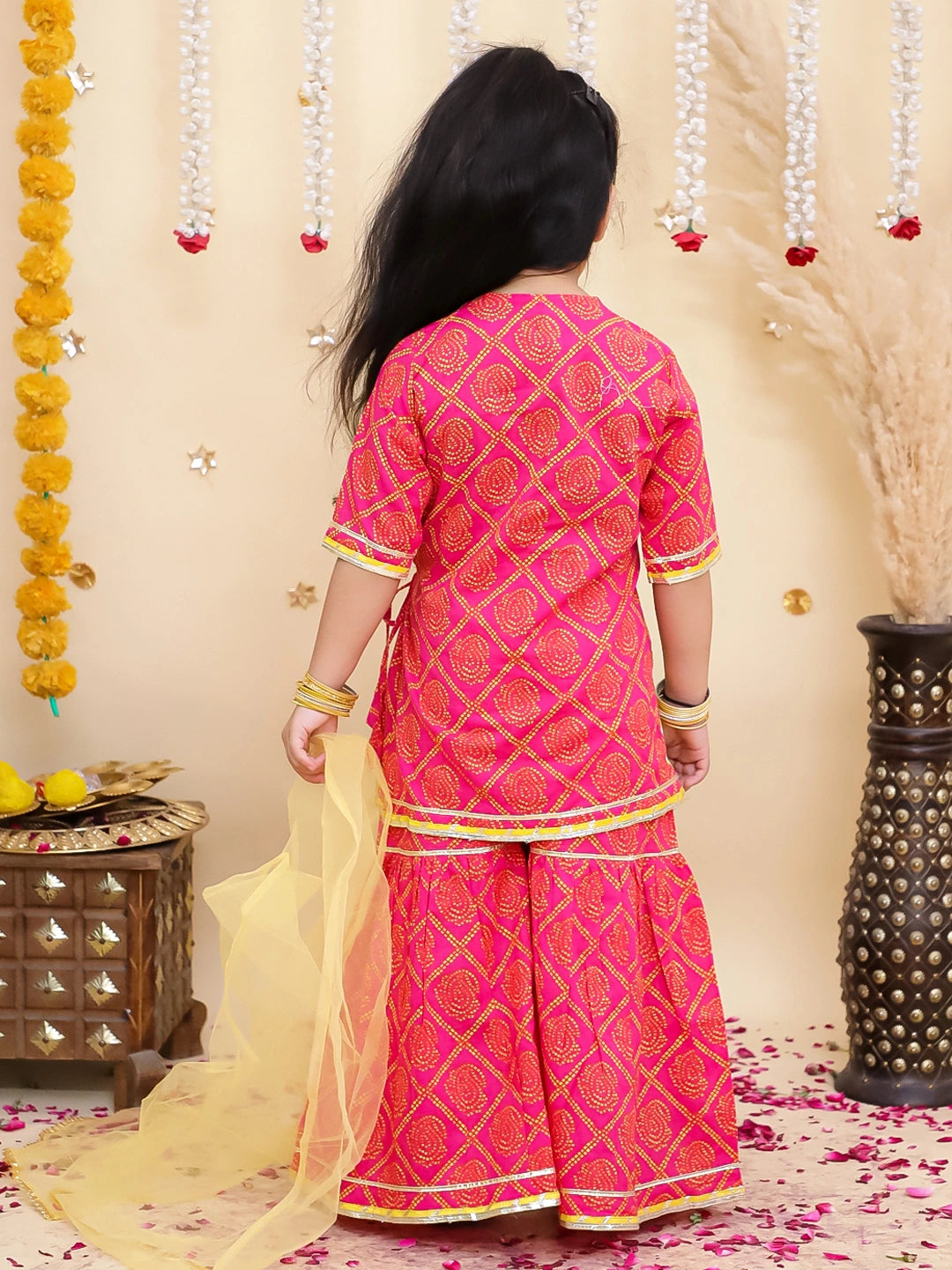 BownBee Pure Cotton Printed Angrakha kurti  With Sharara & Dupatta Set For Girls