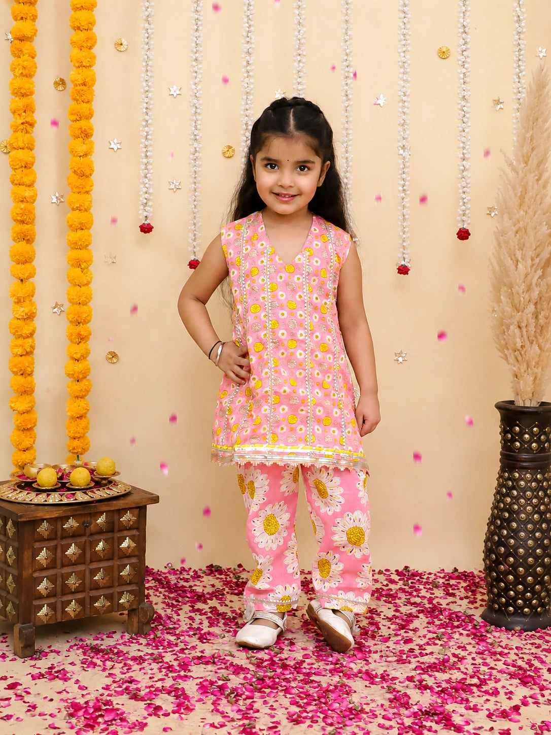 BownBee Pure Cotton Kurta Pajama With Printed Attached Jacket & Printed Kurti With Pants Sibling Set