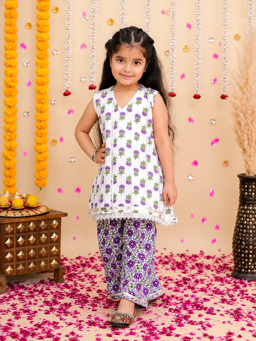 BownBee Pure Cotton Kurta Pajama With Printed Attached Jacket & Printed Kurti With Pants Sibling Set