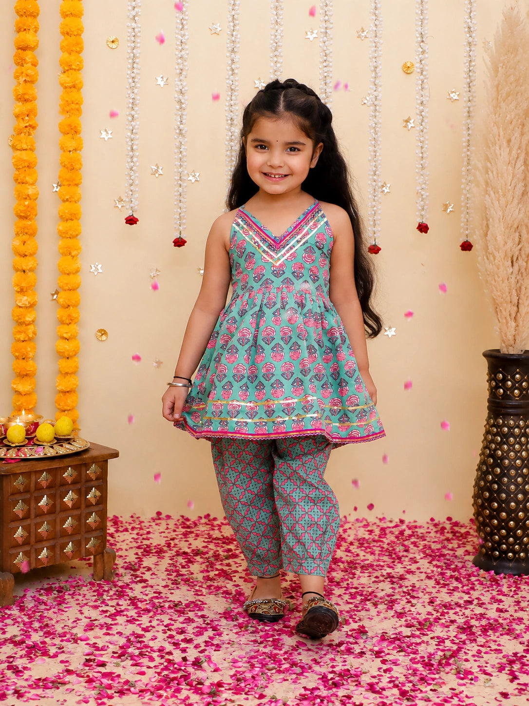 BownBee Pure Cotton Dhoti Kurta & Halter Kurti With Harem Sibling Set