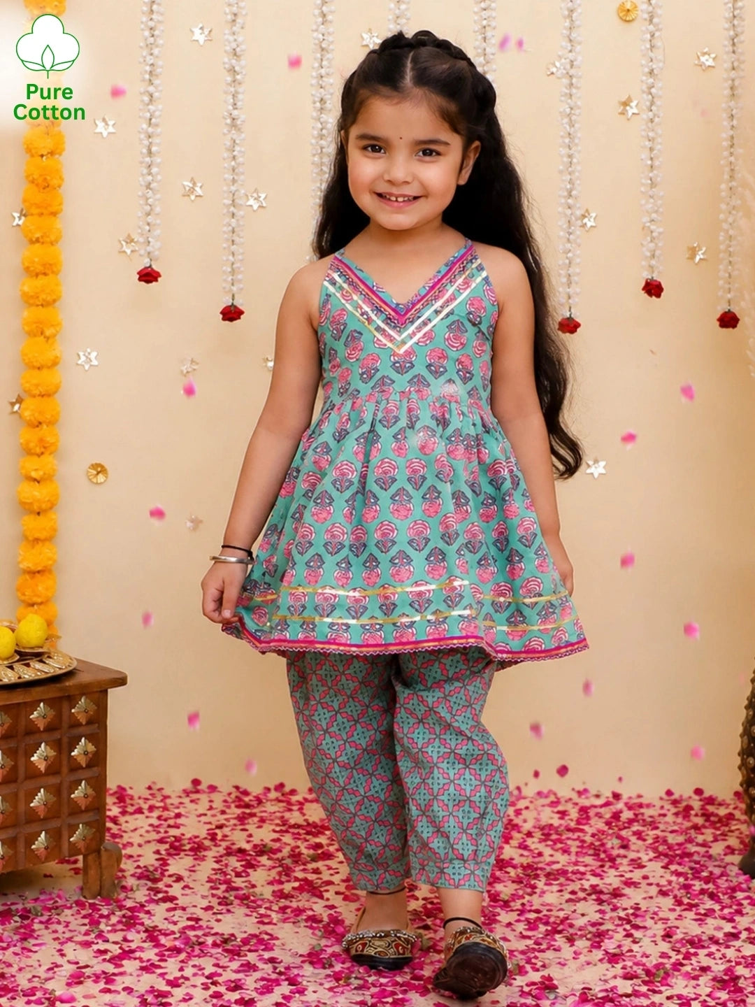 BownBee Pure Cotton Printed Halter kurti With Harem Set For Girls