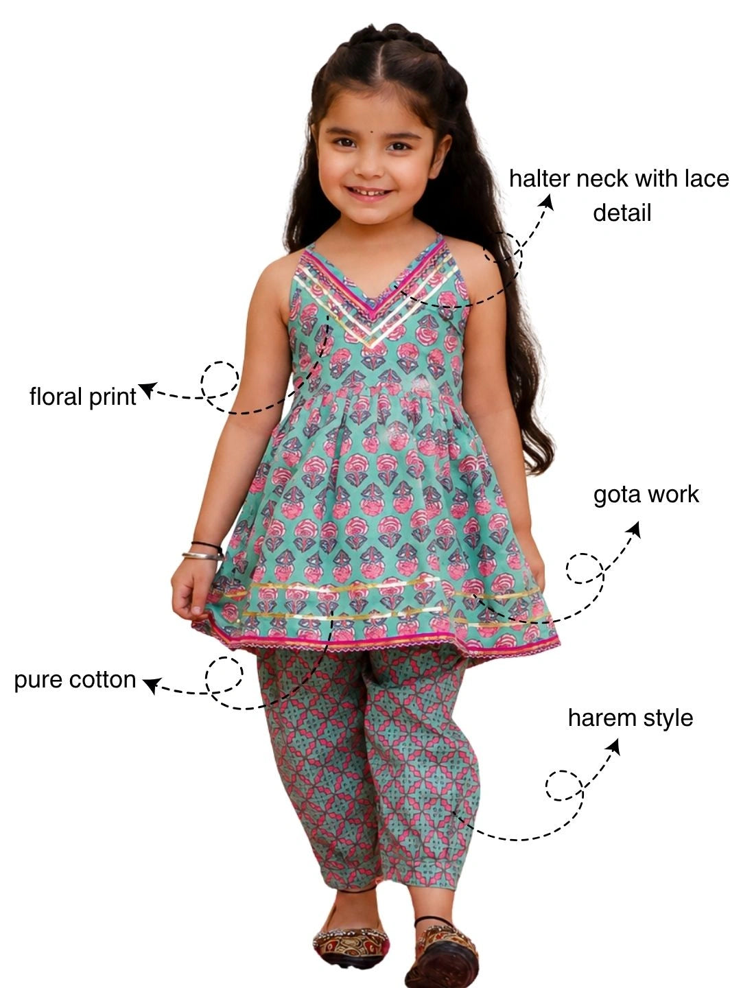 BownBee Pure Cotton Printed Halter kurti With Harem Set For Girls