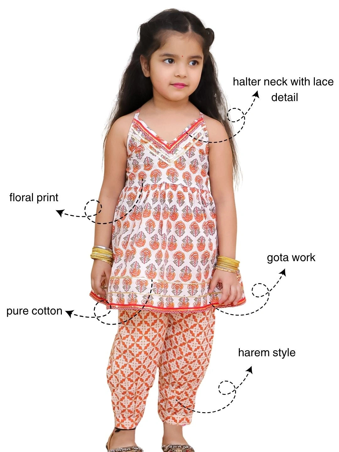 BownBee Pure Cotton Printed Halter kurti With Harem Set For Girls