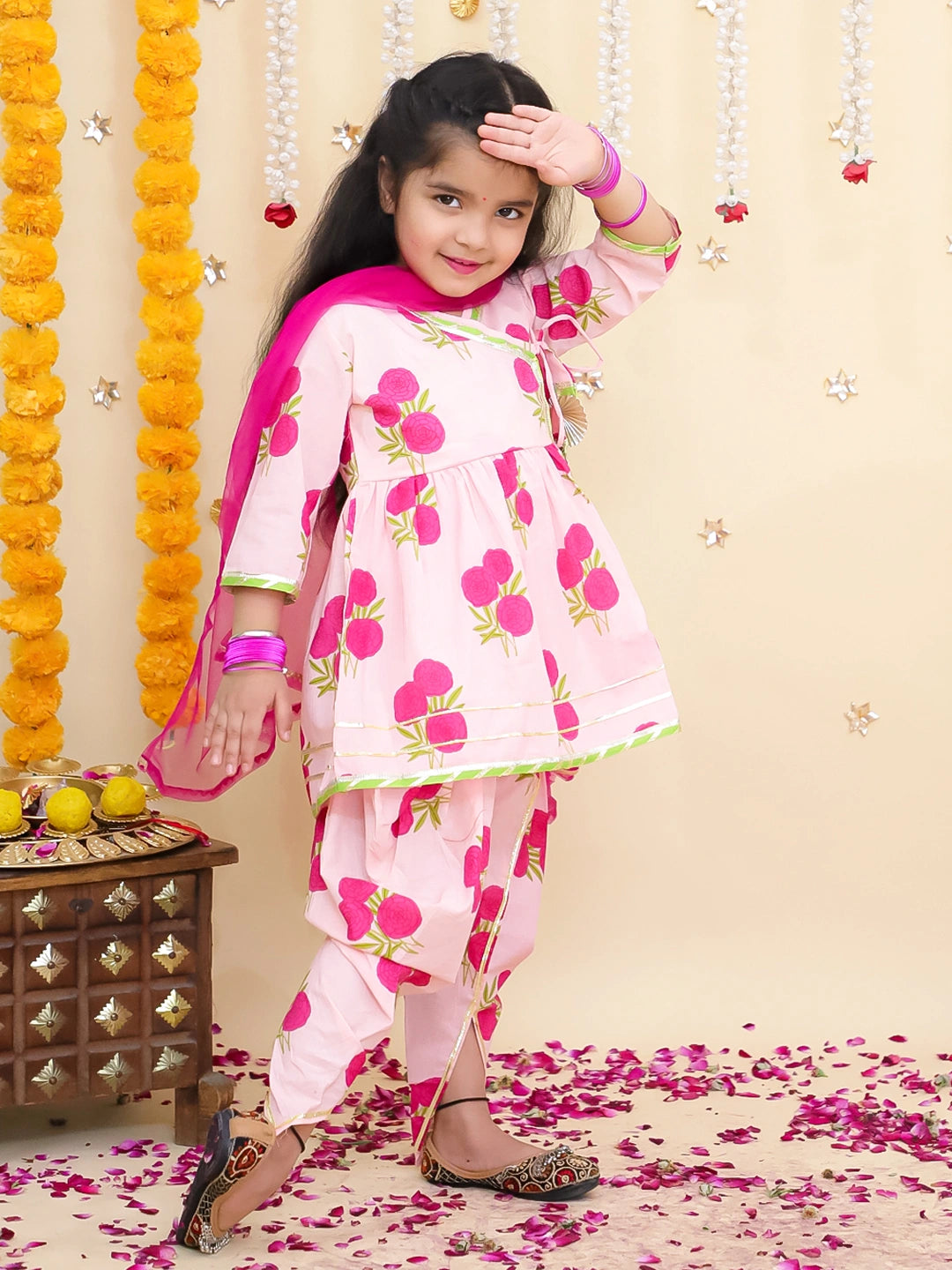 BownBee Pure Cotton Angarakha style Printed Kurti &Tulip With Dupatta For Girls