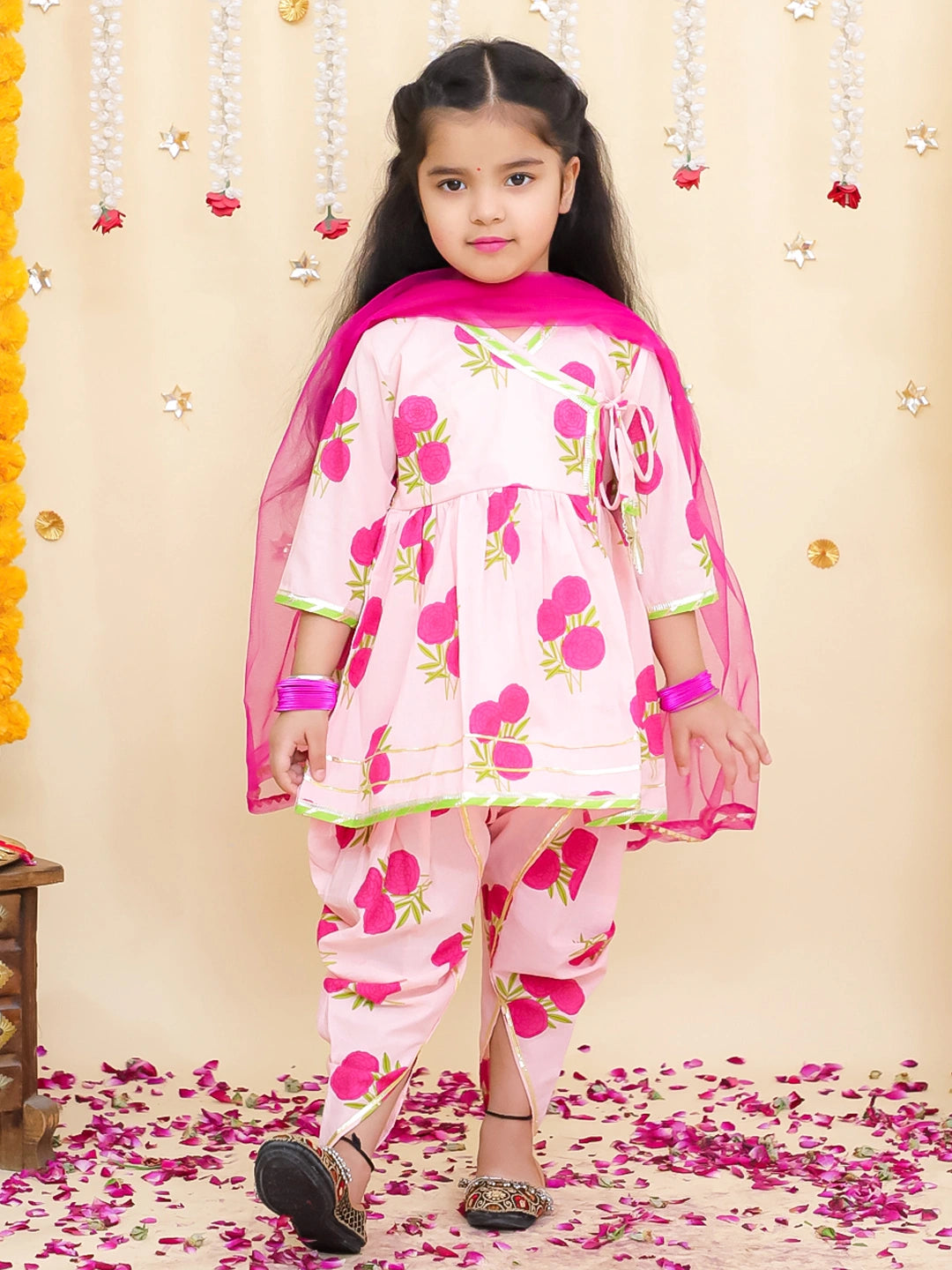 BownBee Pure Cotton Angarakha style Printed Kurti &Tulip With Dupatta For Girls