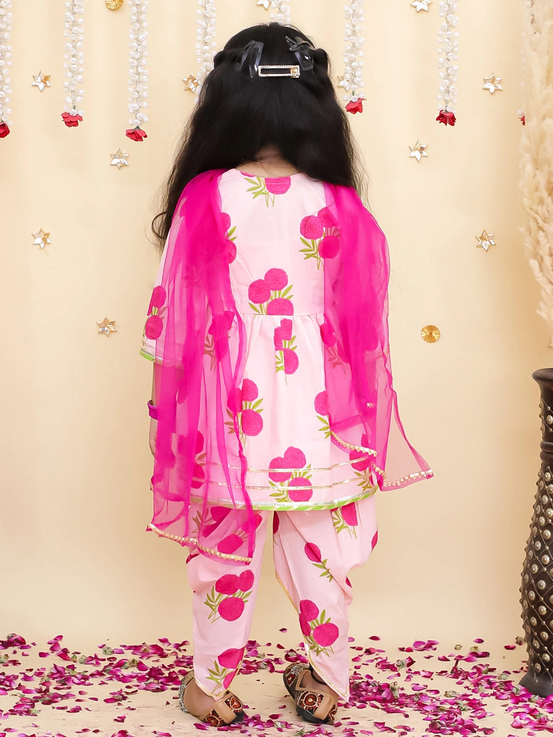 BownBee Pure Cotton Angarakha style Printed Kurti &Tulip With Dupatta For Girls
