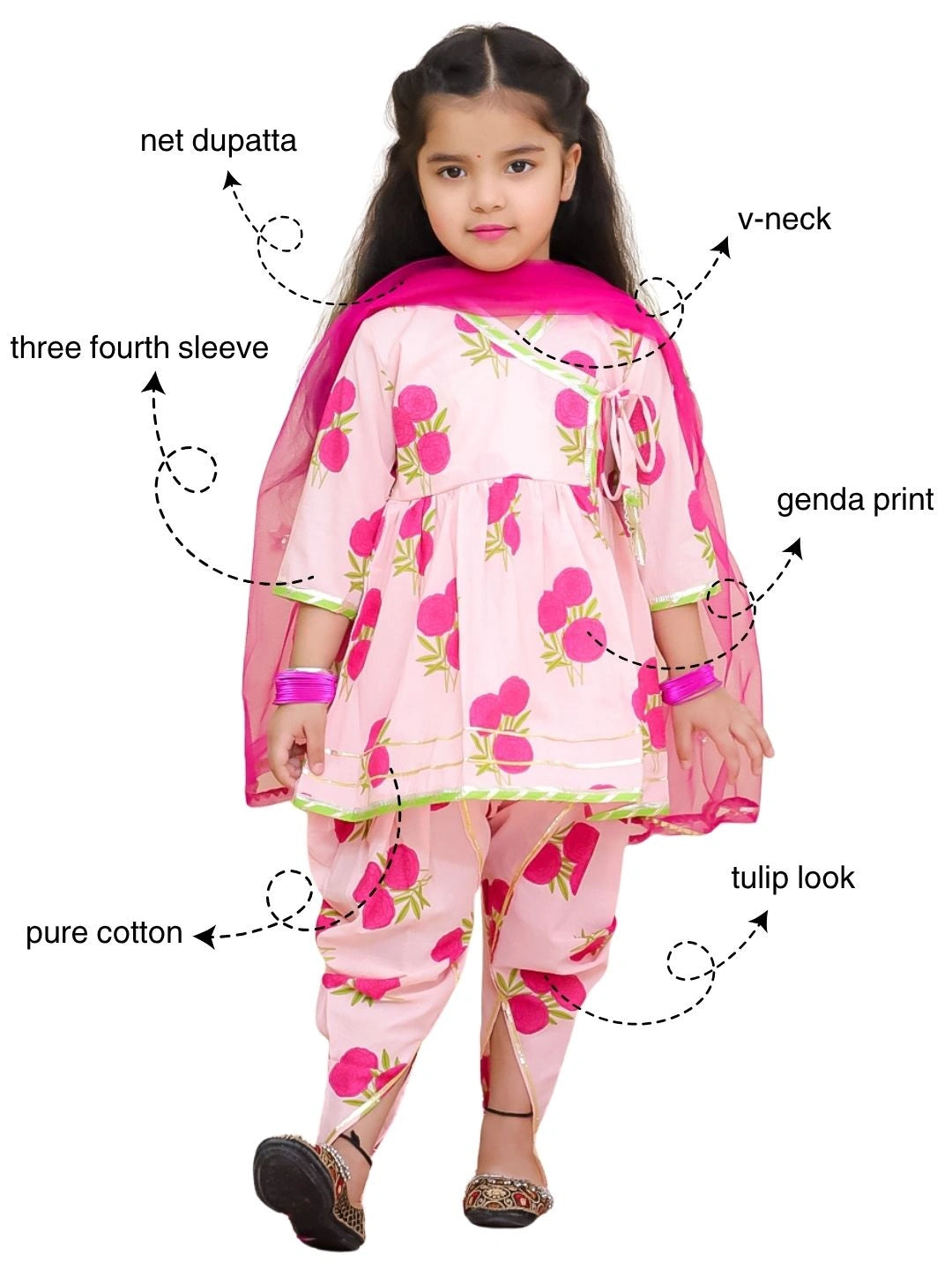 BownBee Pure Cotton Angarakha style Printed Kurti &Tulip With Dupatta For Girls