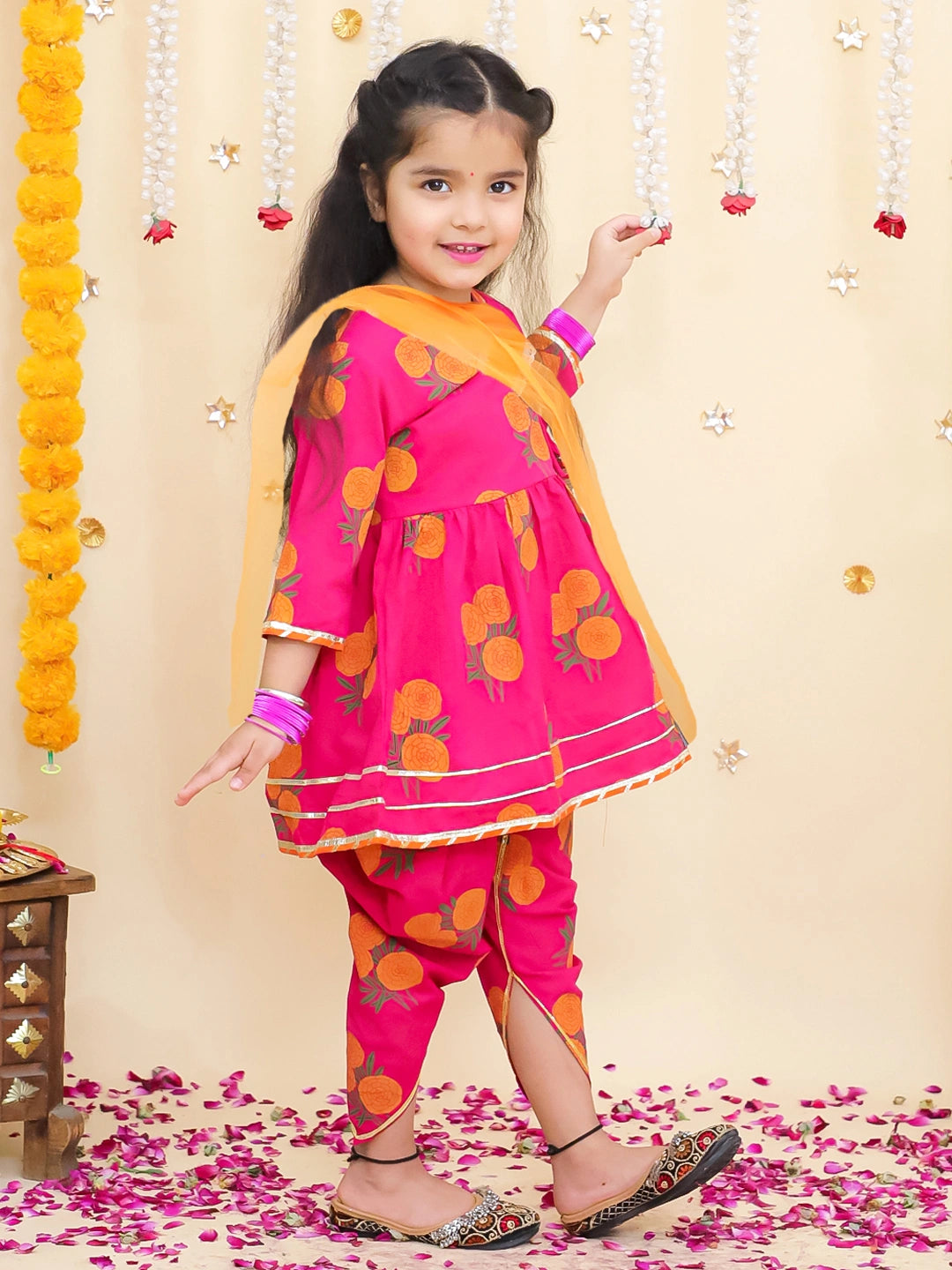 BownBee Pure Cotton Angarakha style Printed Kurti &Tulip With Dupatta For Girls
