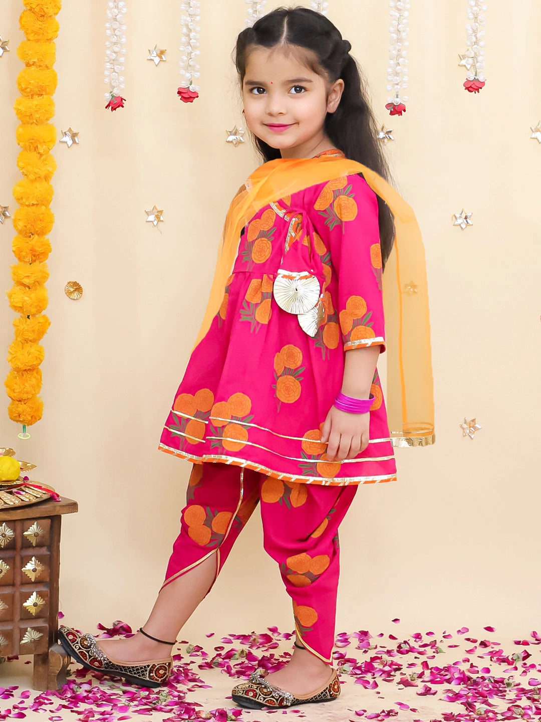BownBee Pure Cotton Angarakha style Printed Kurti &Tulip With Dupatta For Girls