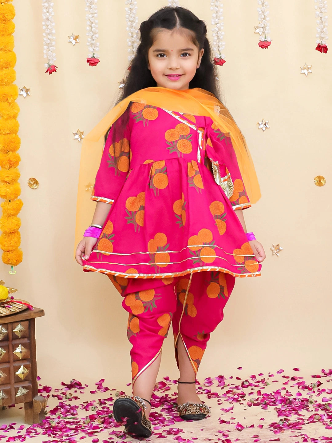 BownBee Pure Cotton Angarakha style Printed Kurti &Tulip With Dupatta For Girls