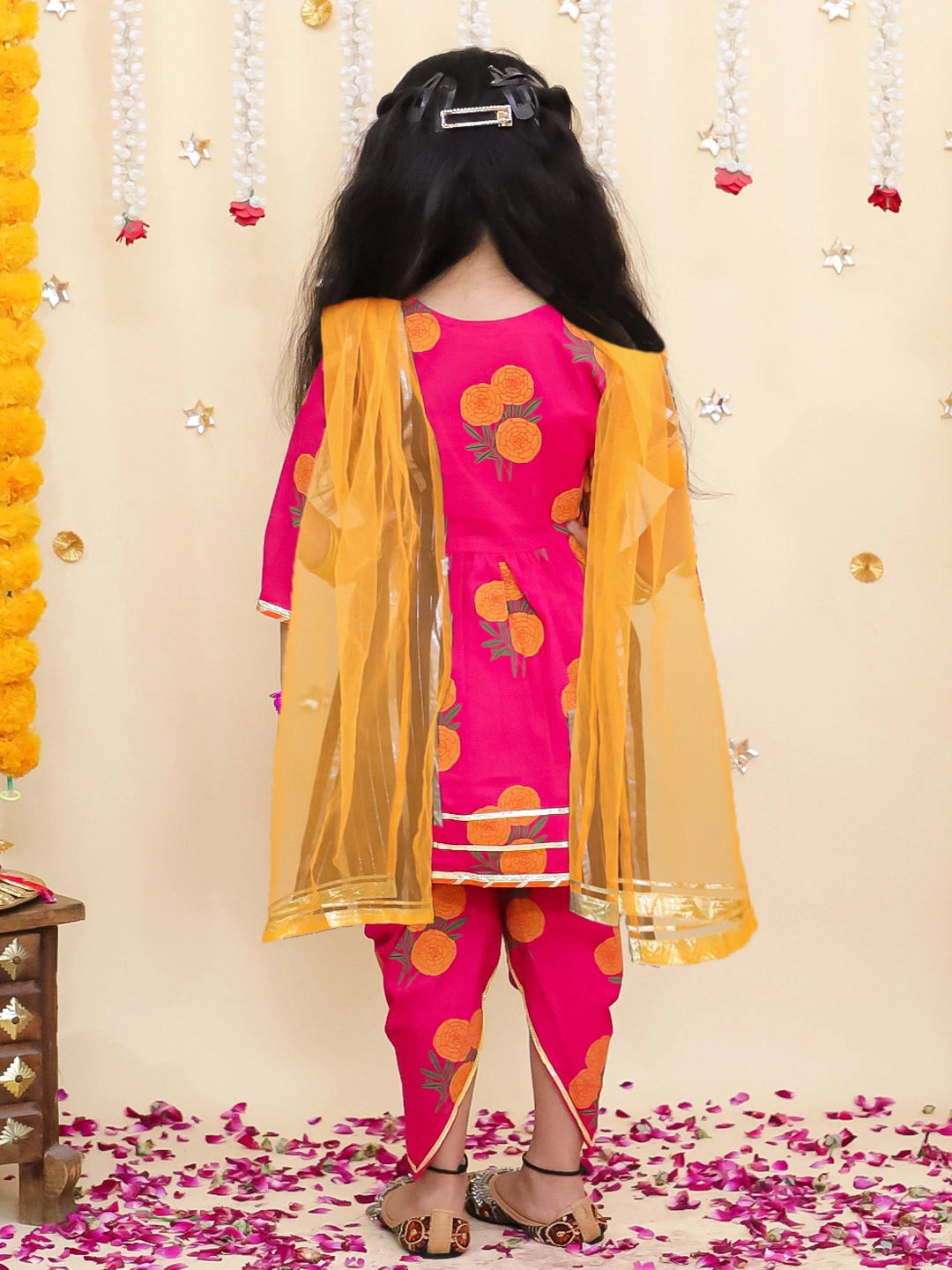 BownBee Pure Cotton Angarakha style Printed Kurti &Tulip With Dupatta For Girls