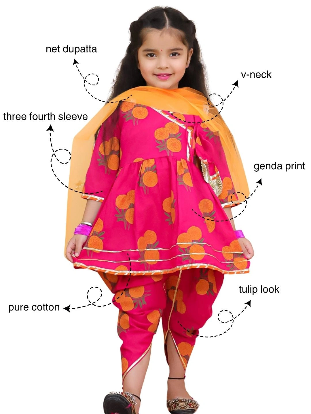BownBee Pure Cotton Angarakha style Printed Kurti &Tulip With Dupatta For Girls