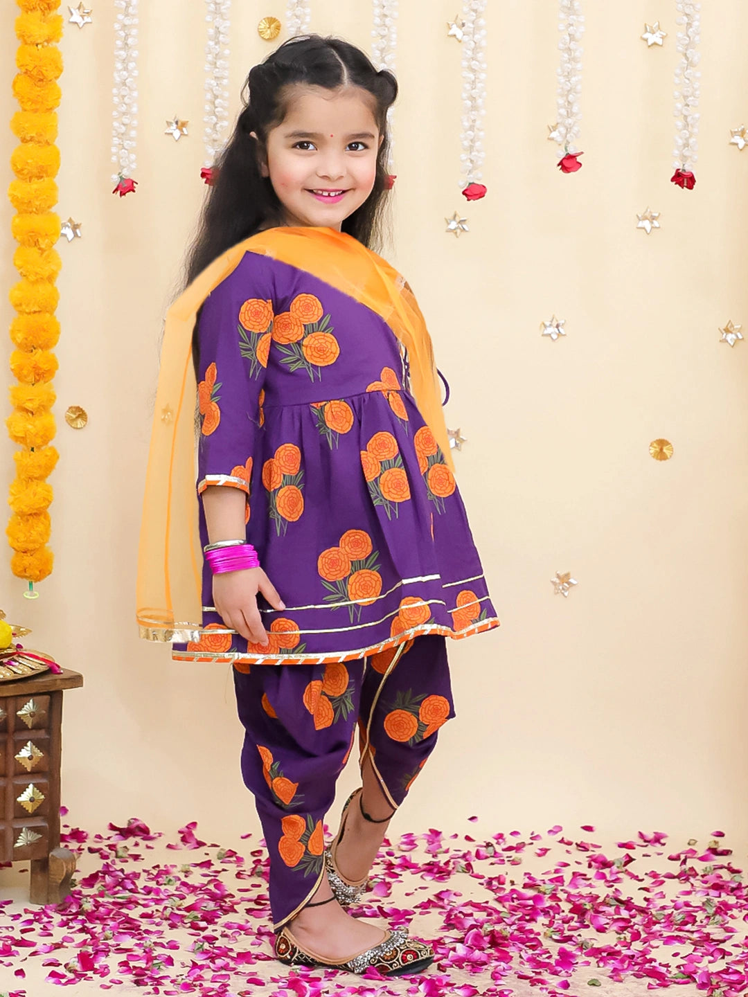 BownBee Pure Cotton Angarakha style Printed Kurti &Tulip With Dupatta For Girls