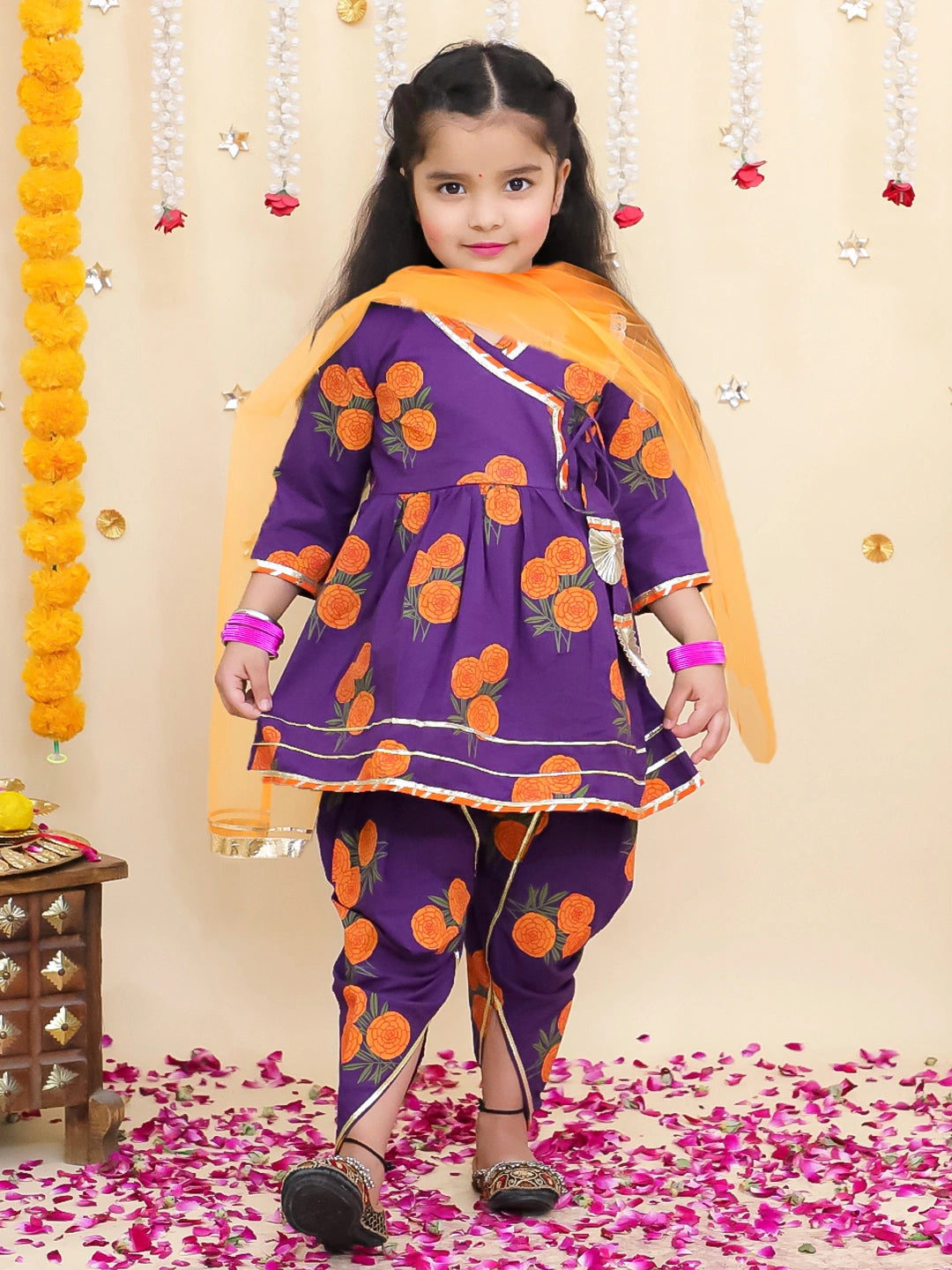 BownBee Pure Cotton Angarakha style Printed Kurti &Tulip With Dupatta For Girls