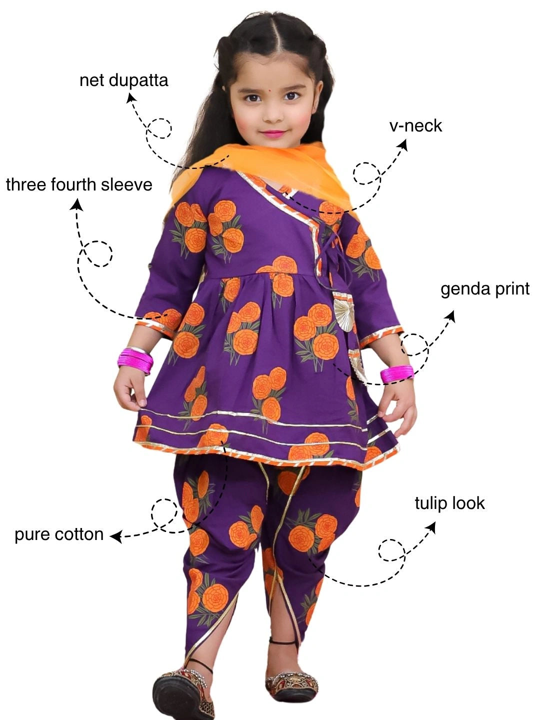 BownBee Pure Cotton Angarakha style Printed Kurti &Tulip With Dupatta For Girls