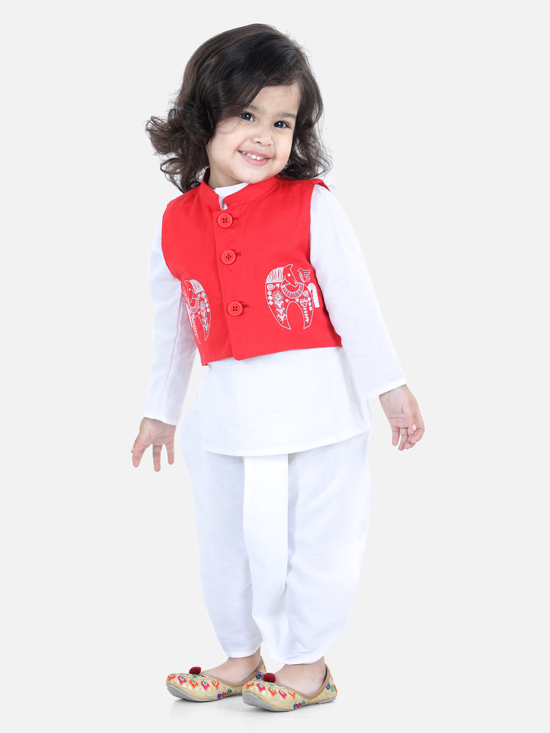 BownBee Boys Cotton Kurta Dhoti with Embroidered Waistcoat - Red