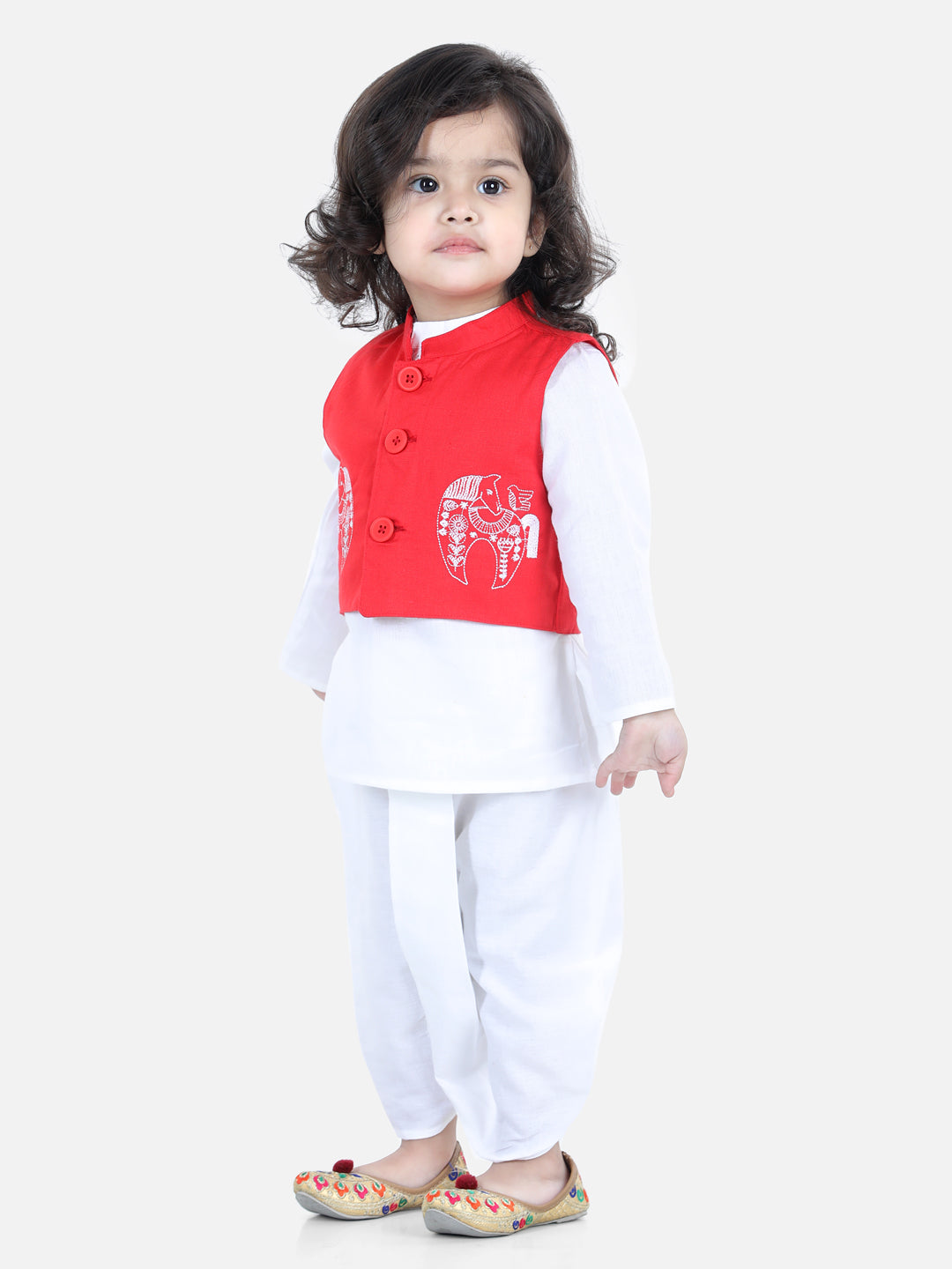 BownBee Boys Cotton Kurta Dhoti with Embroidered Waistcoat - Red