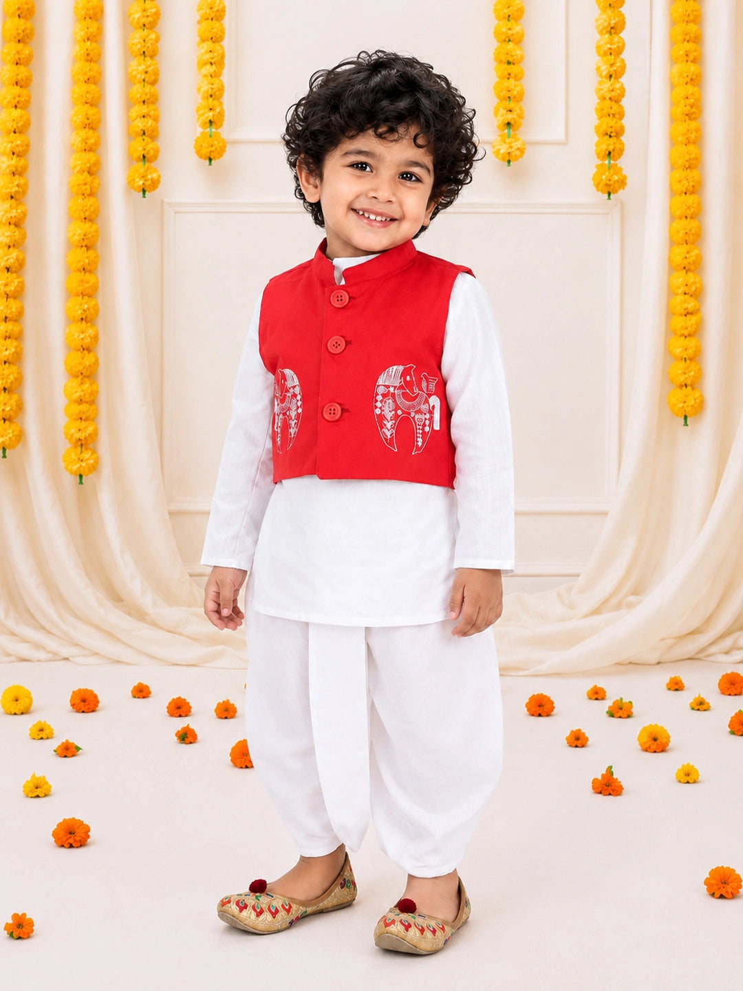 Bownbee Front Open Embroidered Kurta Dhoti for Boys- Red