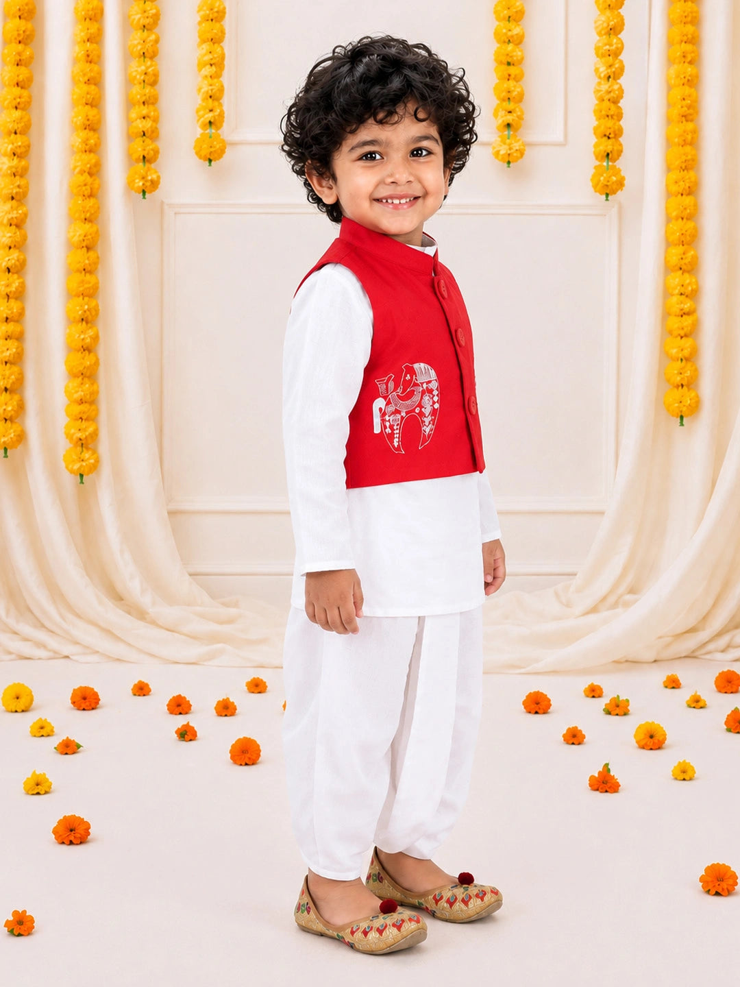 Bownbee Front Open Embroidered Kurta Dhoti for Boys- Red