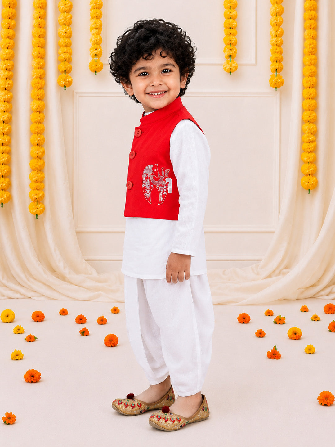 Bownbee Front Open Embroidered Kurta Dhoti for Boys- Red