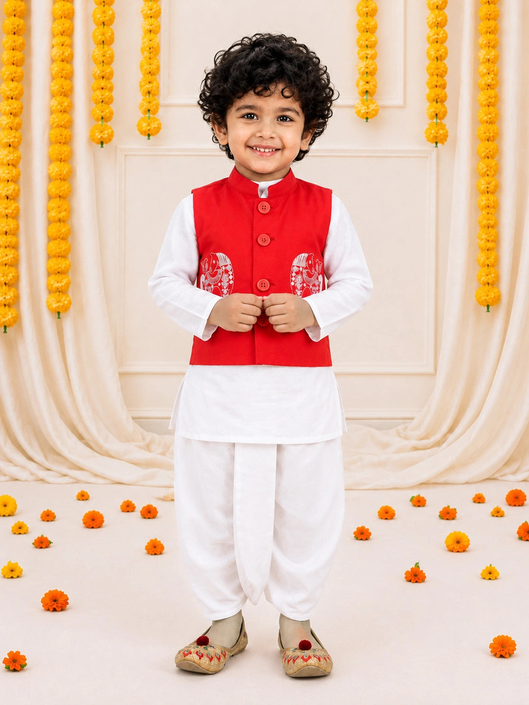 Bownbee Front Open Embroidered Kurta Dhoti for Boys- Red