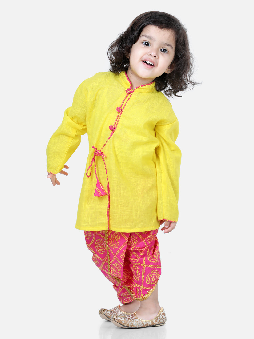 BownBee Front Open Cotton Full Sleeve Kurta with Dhoti- Yellow