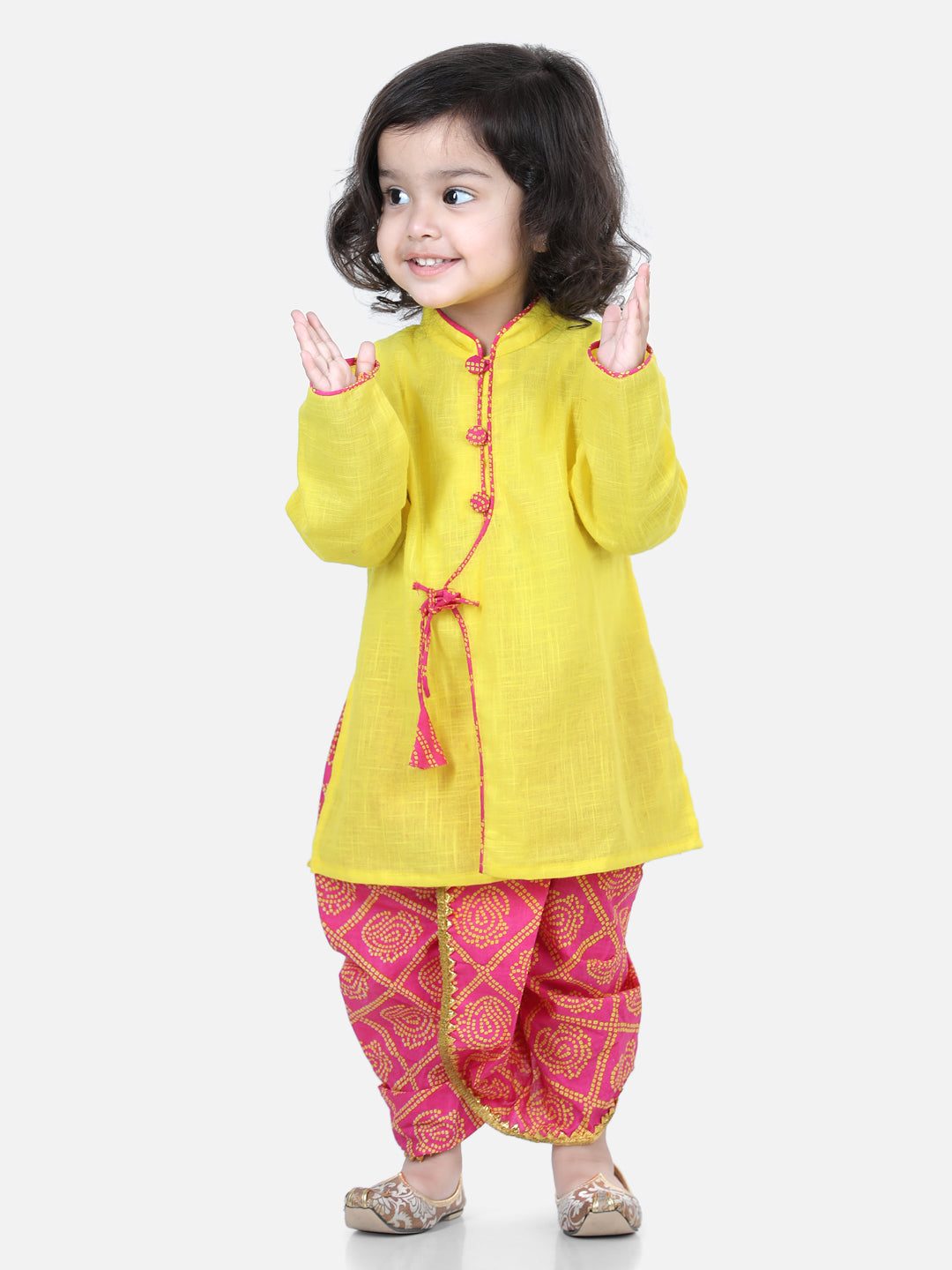 BownBee Front Open Cotton Full Sleeve Kurta with Dhoti- Yellow
