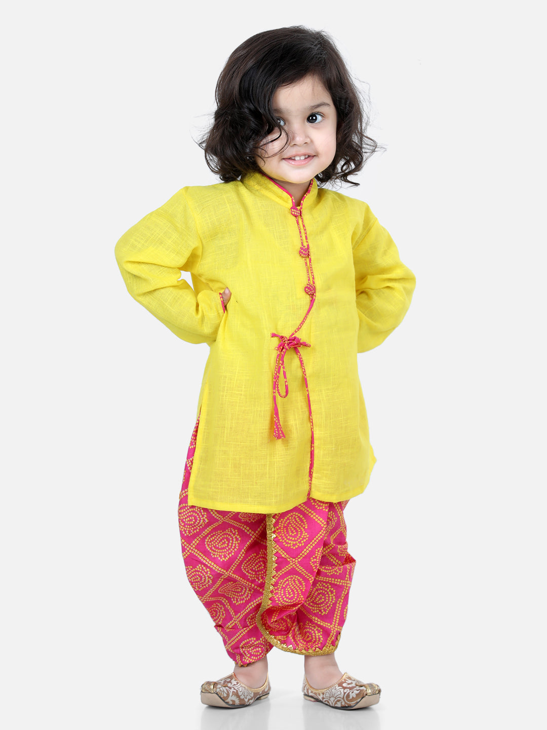 BownBee Front Open Cotton Full Sleeve Kurta with Dhoti- Yellow