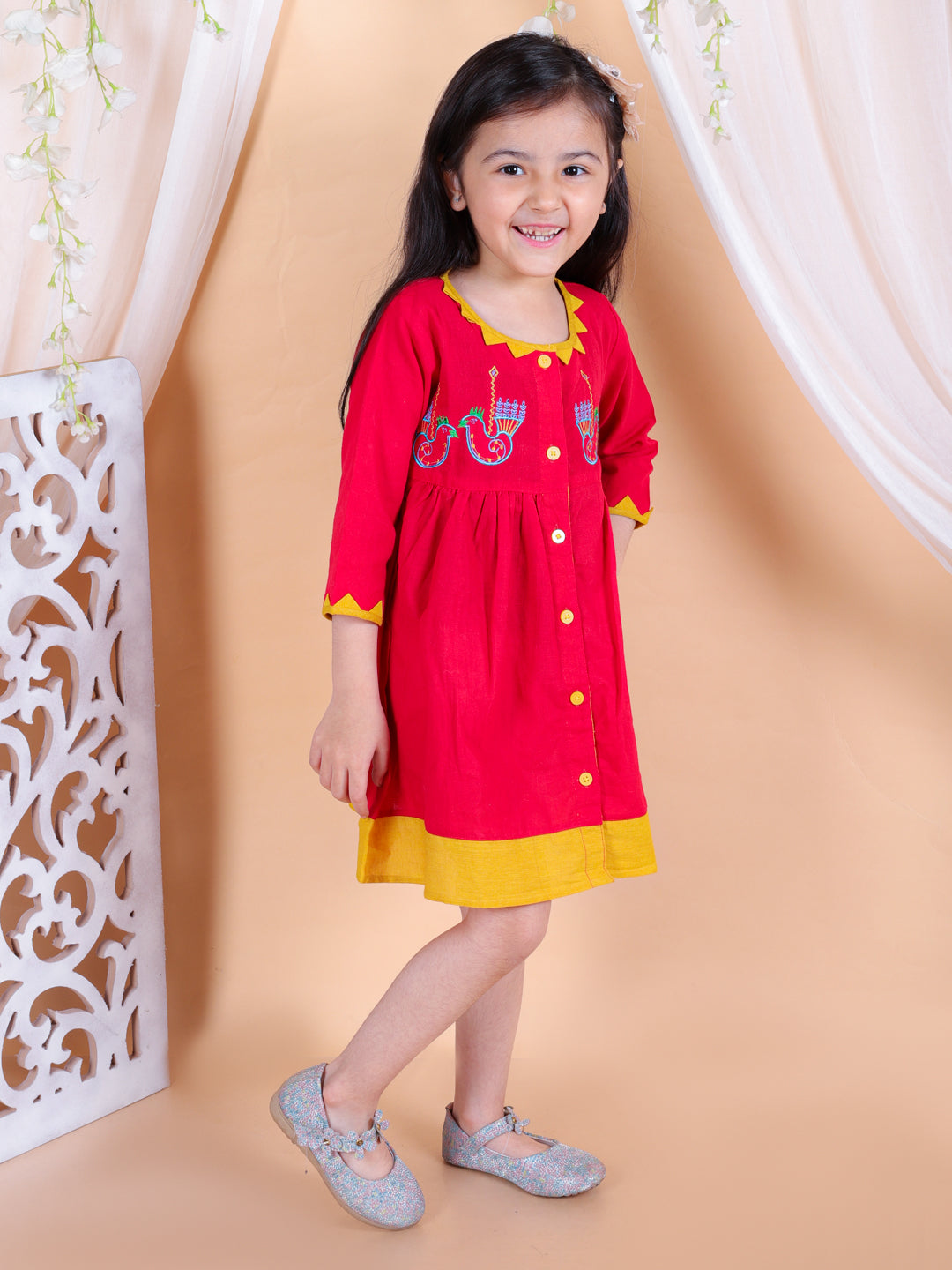 BownBee Cotton Embroidered Frock Dress for Girls- Red