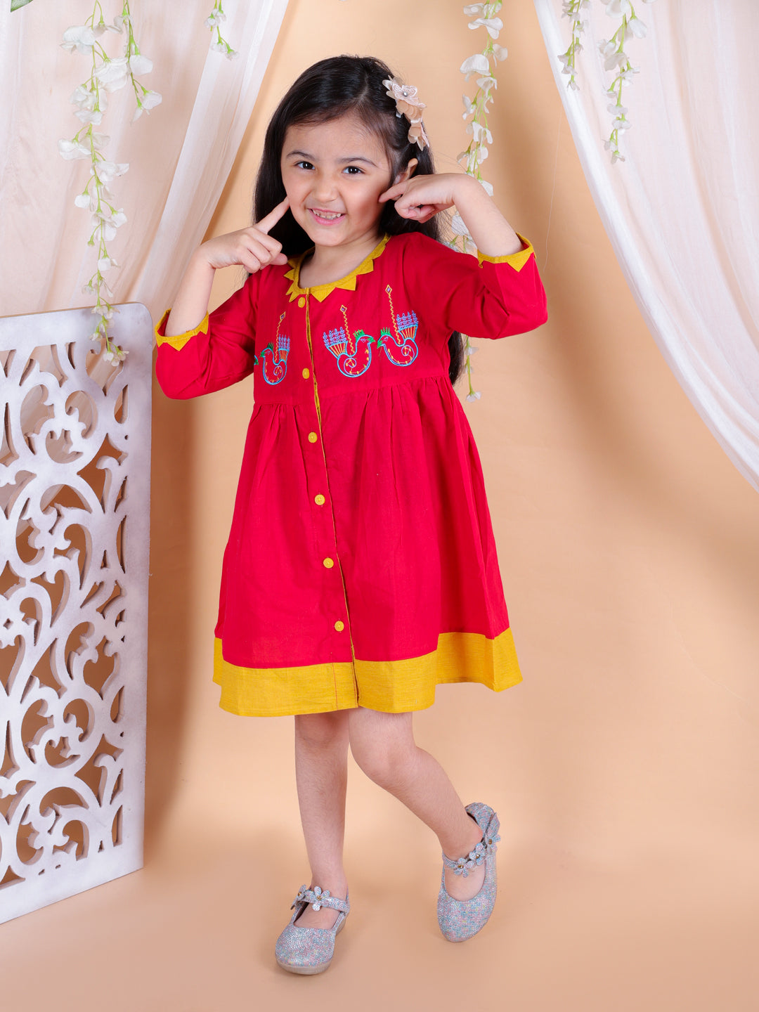 BownBee Cotton Embroidered Frock Dress for Girls- Red