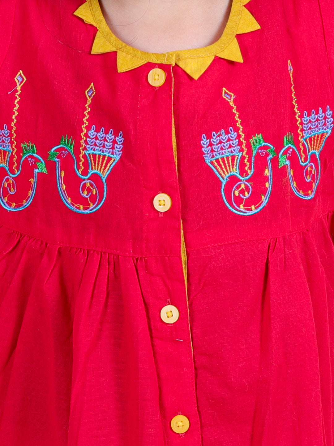 BownBee Cotton Embroidered Frock Dress for Girls- Red