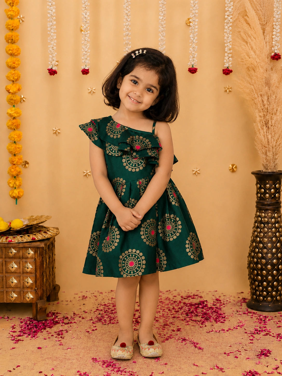 Bownbee One Shoulder Frill Jacquard Frock Party Dress For Girls