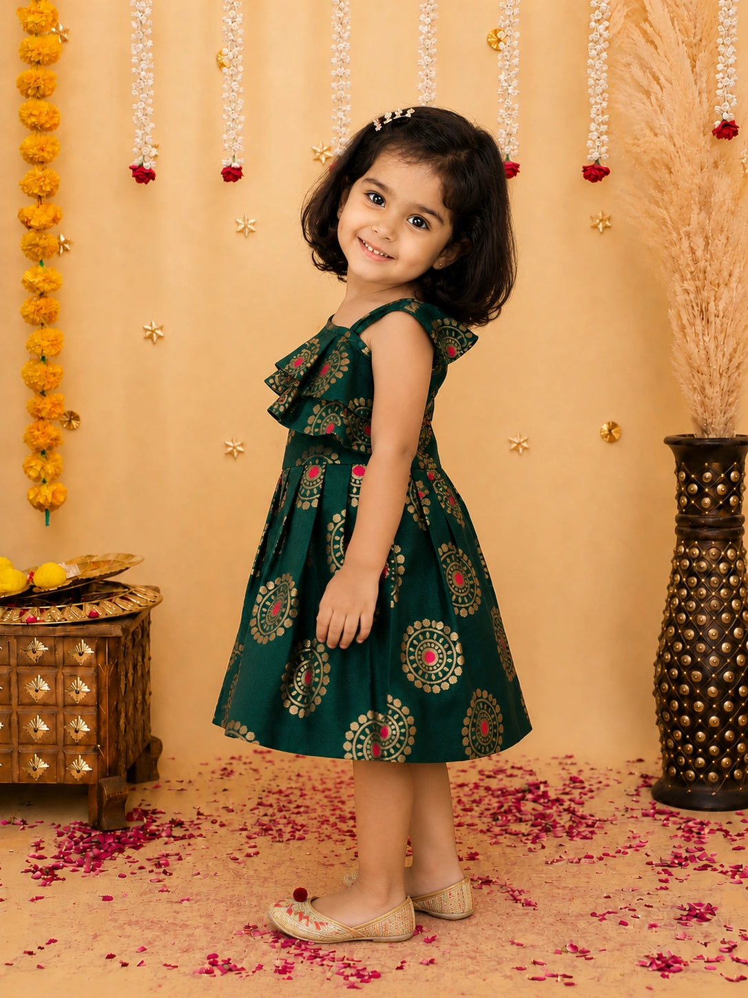 Bownbee One Shoulder Frill Jacquard Frock Party Dress For Girls